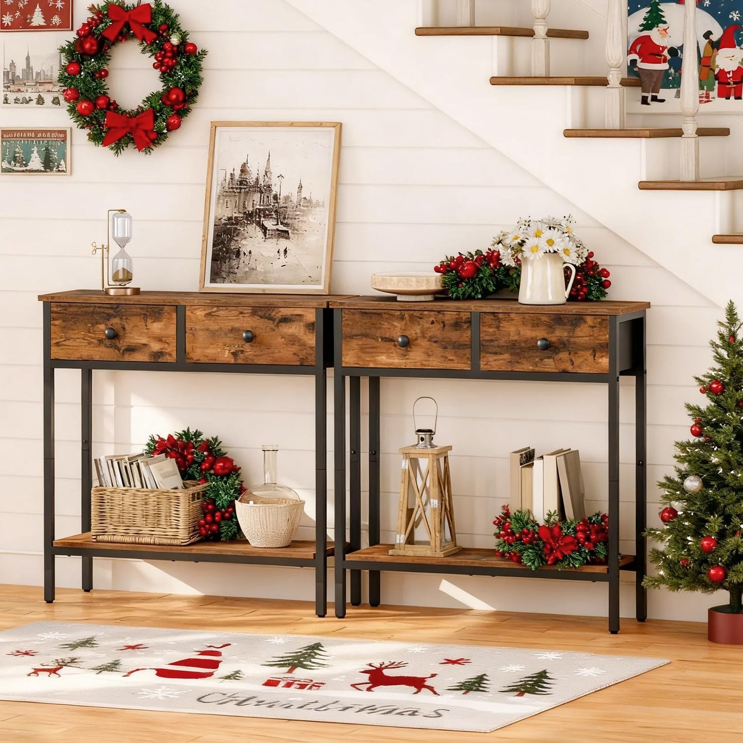 HOOBRO 29.5" Narrow Console Table with 2 Fabric Drawers and Tall Side Table 3-Tier Telephone End Table Bundle, BF71XG01-DW01DH01G1
