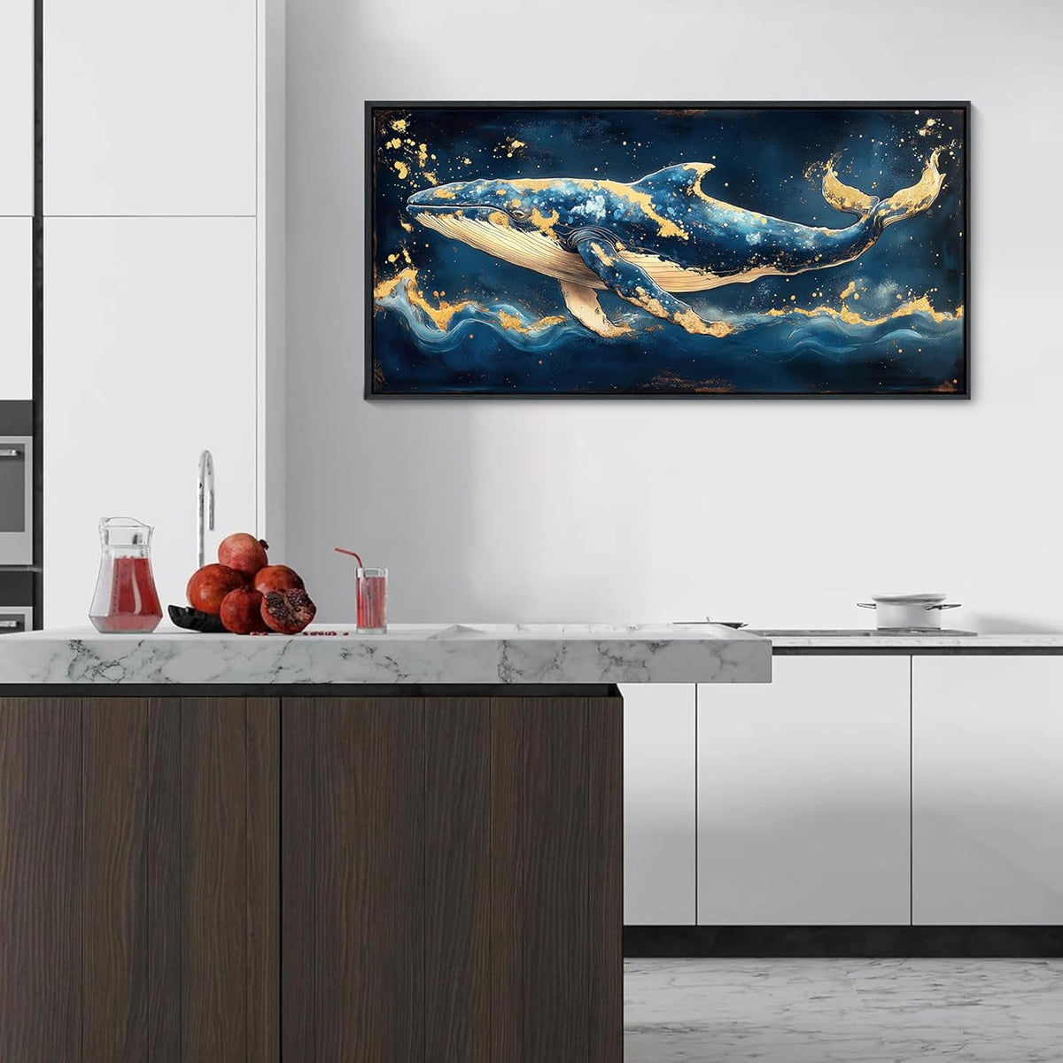 JEAWA Framed Canvas Wall Art - 20x40 IN Marine Animal Painting Wall Decor, Blue White Gold Whale Picture, Modern Art Prints for Living Room Bedroom Bathroom Home Decoration