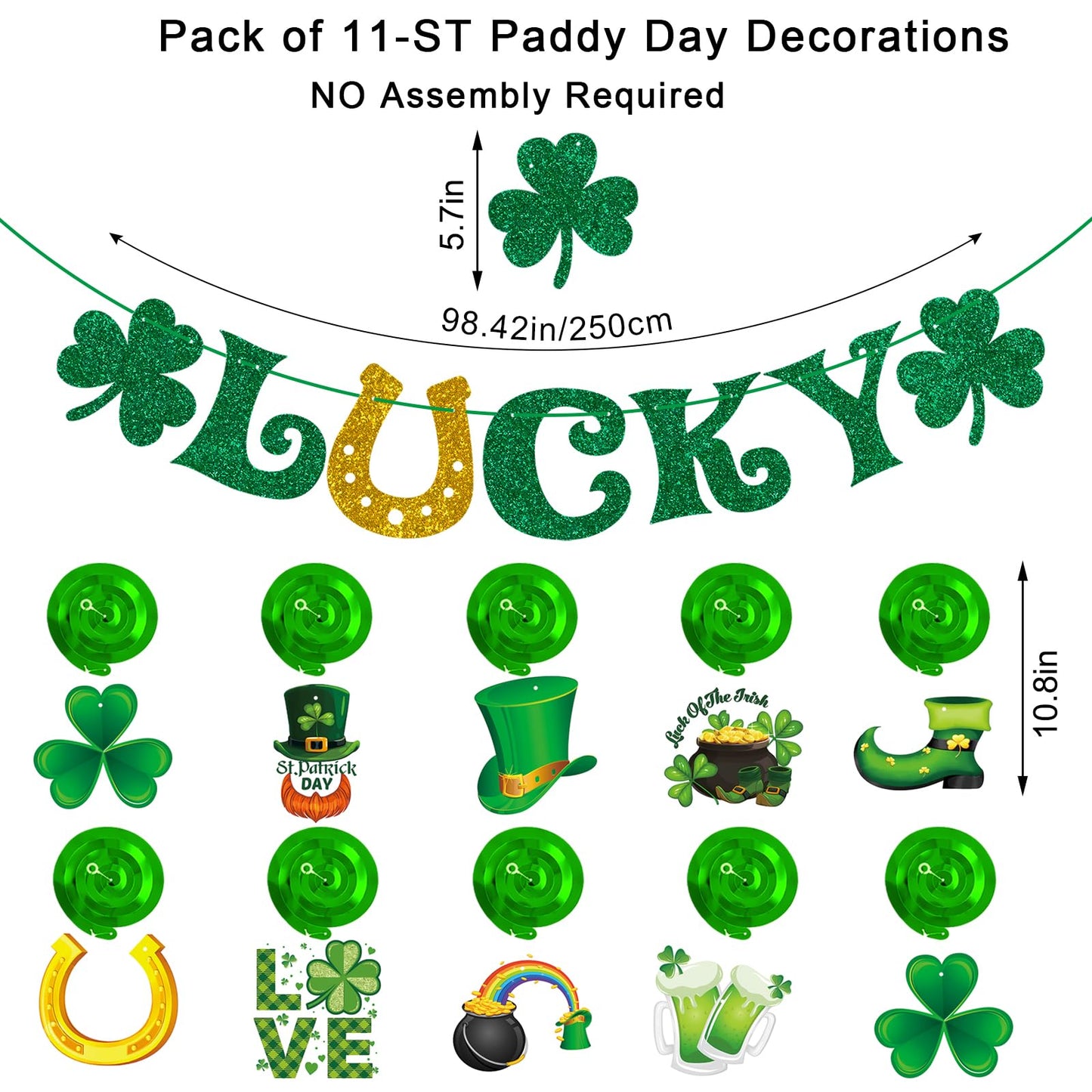 St. Patrick's Day Decorations Kit with Banner, 10 Hanging Swirls, NO-DIY Garlands Decorations for St. Patrick's Day Decor, St. Patrick's Day Party Favor, Office and Home Decor Supplies
