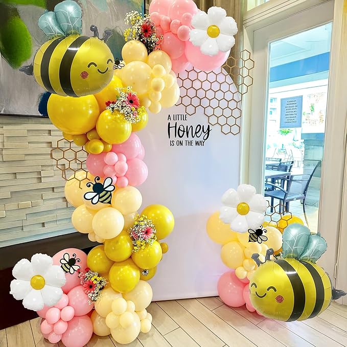 146PCS Bee Balloon Arch Garland Kit with Yellow Pastel Pink Daisy Balloons for Girls Bee Birthday Decorations, Mothers Day Party, Bear Baby Shower, Flower or Groovy Theme Decor