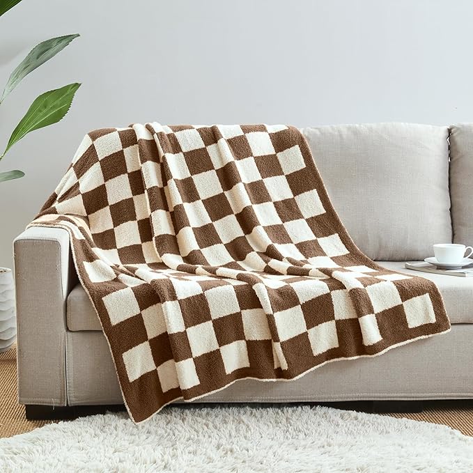 CozeCube Checkered Blanket, Ultra Soft Cozy Dark Brown and White Throw Blanket, Warm Cozy Knit Fuzzy Plush Checkerboard Throw for Couch Bed Sofa, 50"x60"