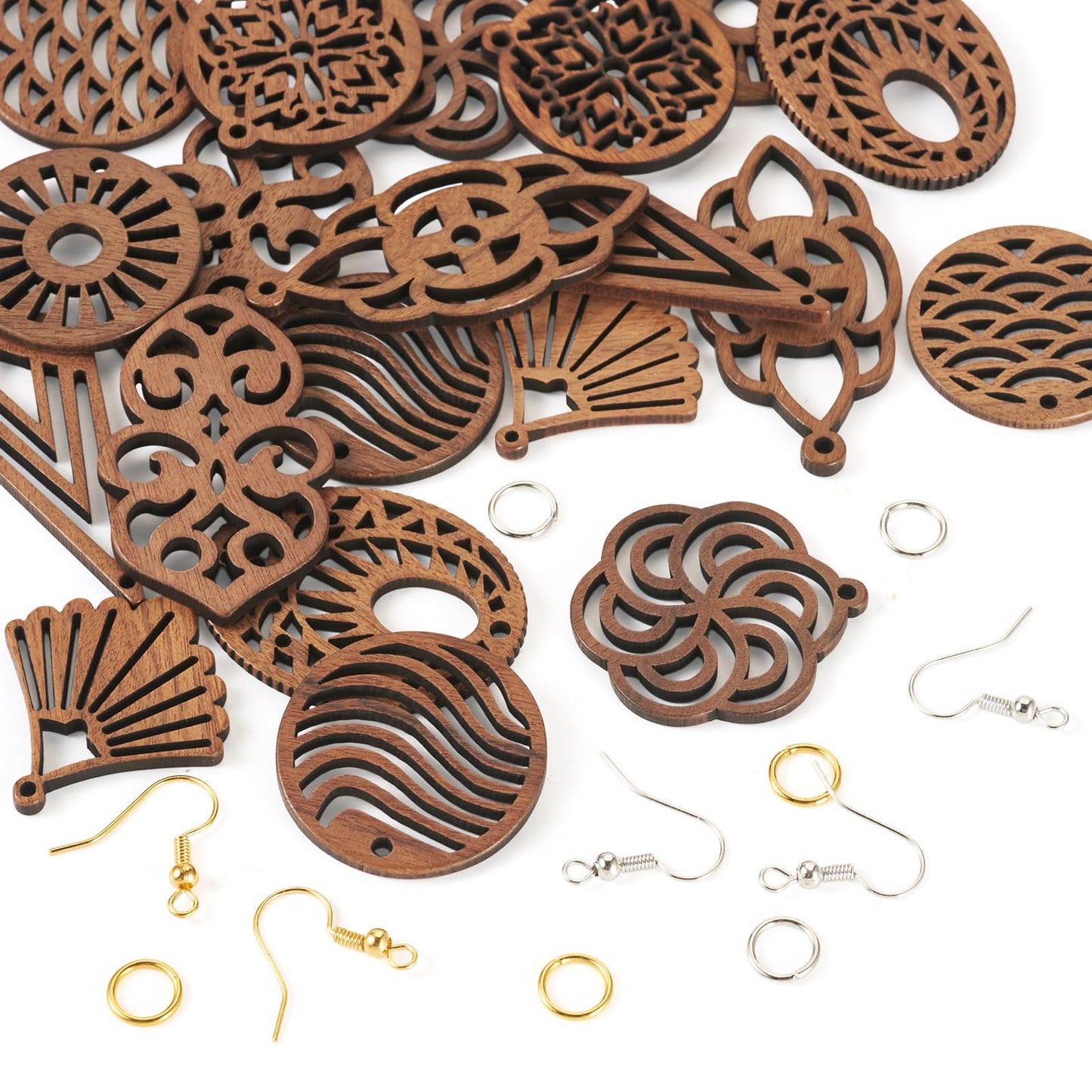 Elecrelive 10 Pairs Wooden Dangle Earring Making Kit Teardrop Oval Flower Leaf Shapes Natural Wood Earring Blanks with Hooks for DIY Craft Jewelry Making