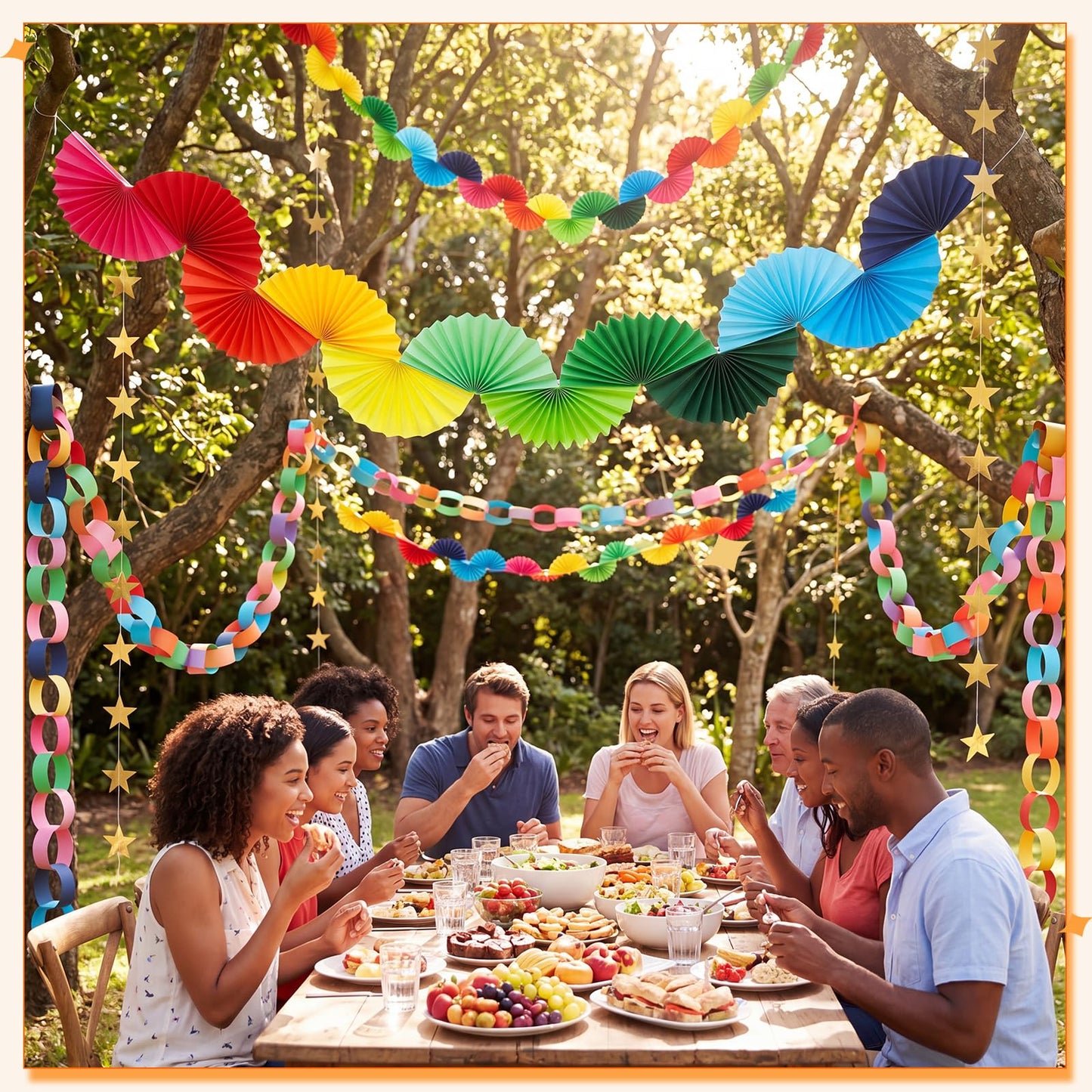 YooNotee 500 Sheets Paper Chain Strips and 4 PC Mirror Star Garland 3 Paper Fan Garland Garlands for Birthday Graduation Wedding Bachelorette Christmas Ceiling Hanging Decorations