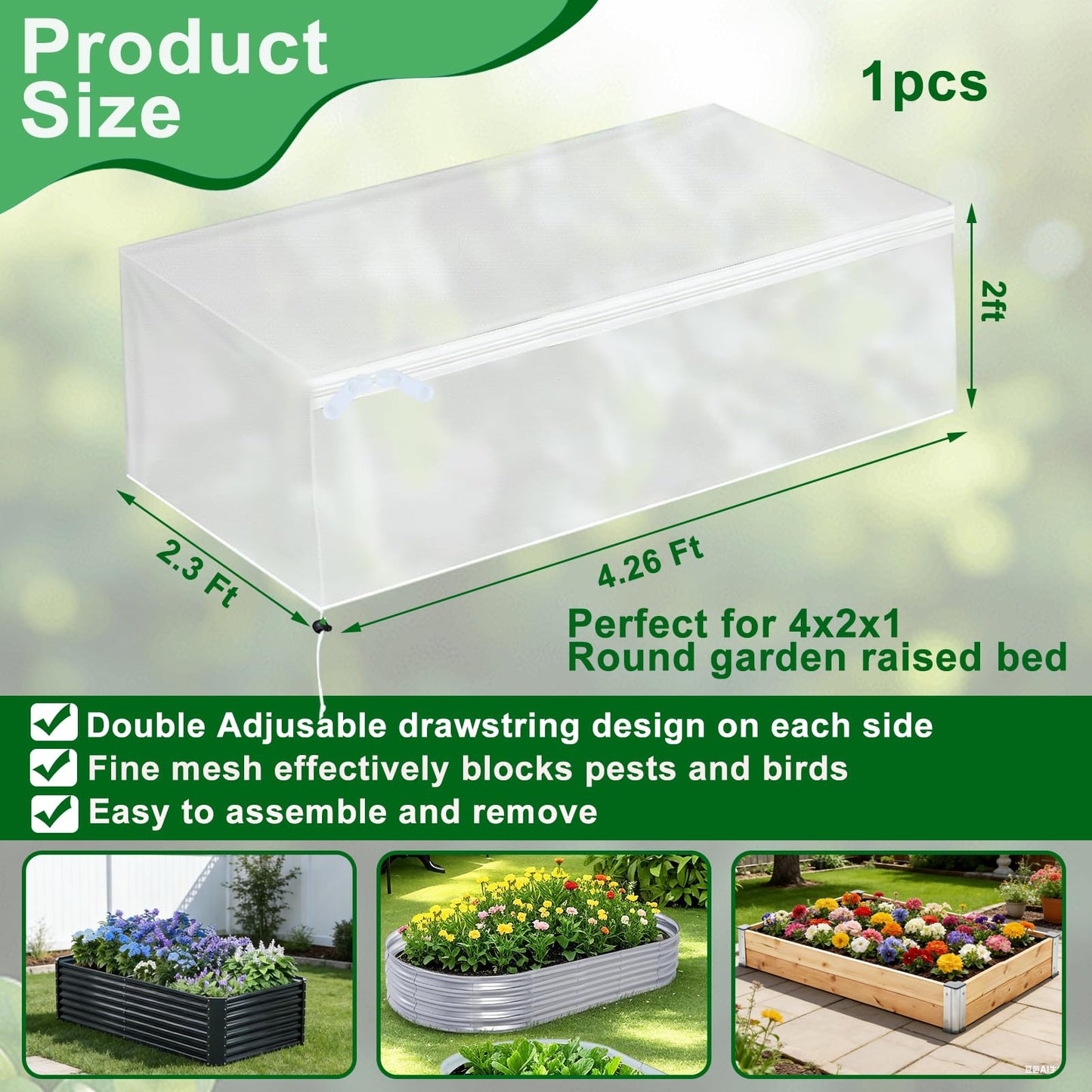 1 Pack Garden Netting for Raised Beds, Fine Mesh Bird Netting Barrier Screen with Zipper Drawstring Garden Bed Plant Cover for Protect Vegetable Fruits Crop from Animals Pest Insect, 4.3×2.3×2Ft