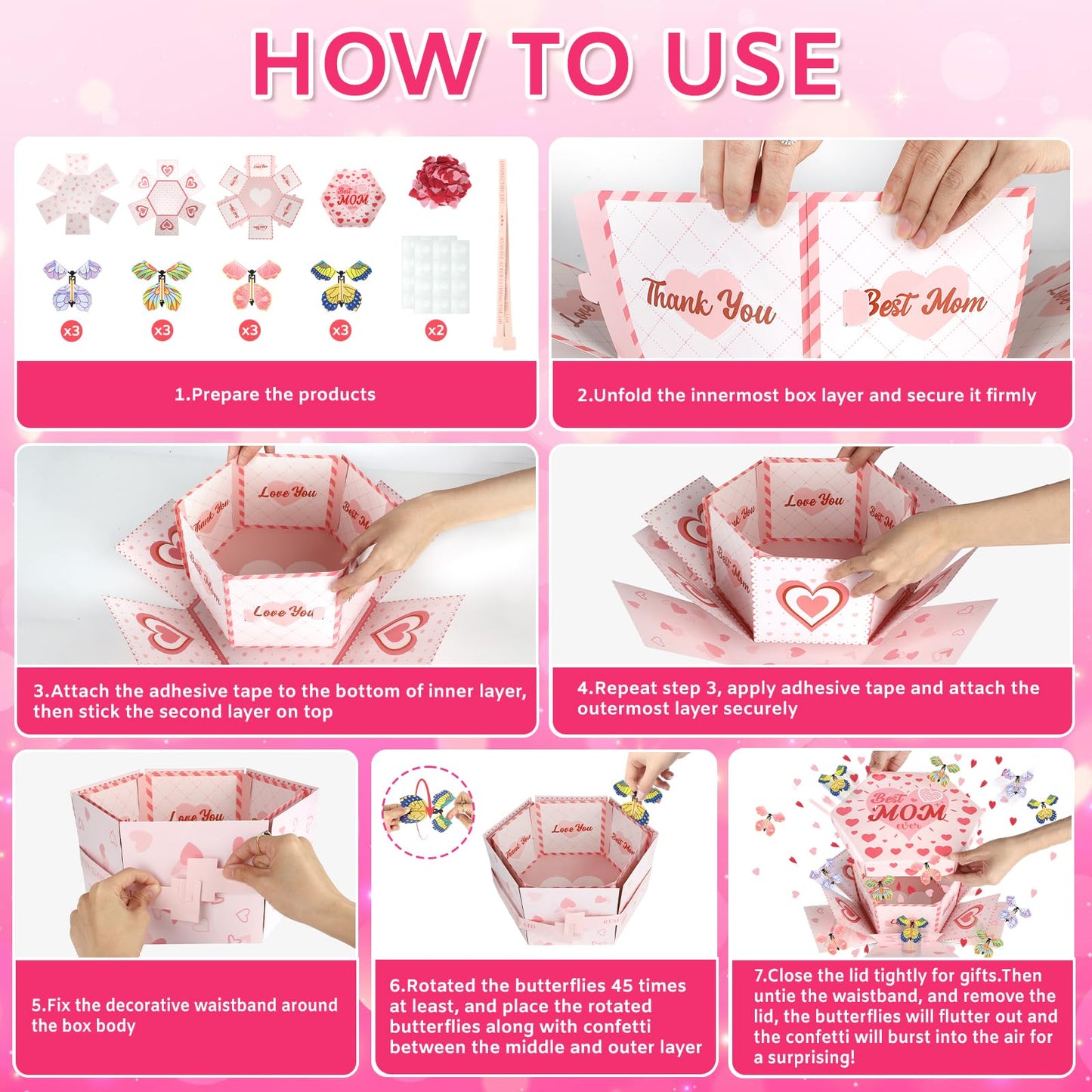 Sereliy Flying Butterfly Surprise Gift Box, Mother’s Day Explosion Box with 12pcs Flying Butterflies & Confetti, Large DIY Explosion Gift for Mothers Birthday