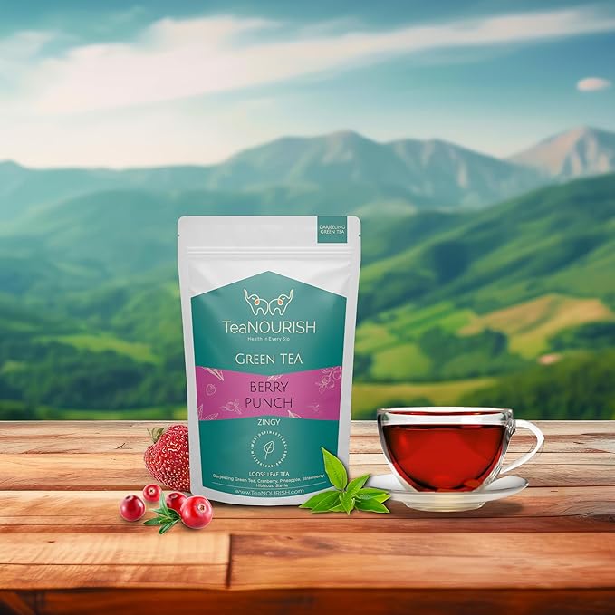 TeaNOURISH Berry Punch Green Tea | Zingy & Refreshing | Darjeeling Tea Loose | 100% Natural Fresh Berries & Hibiscus Flower | Brew Hot or Iced Tea - 3.53oz/100g