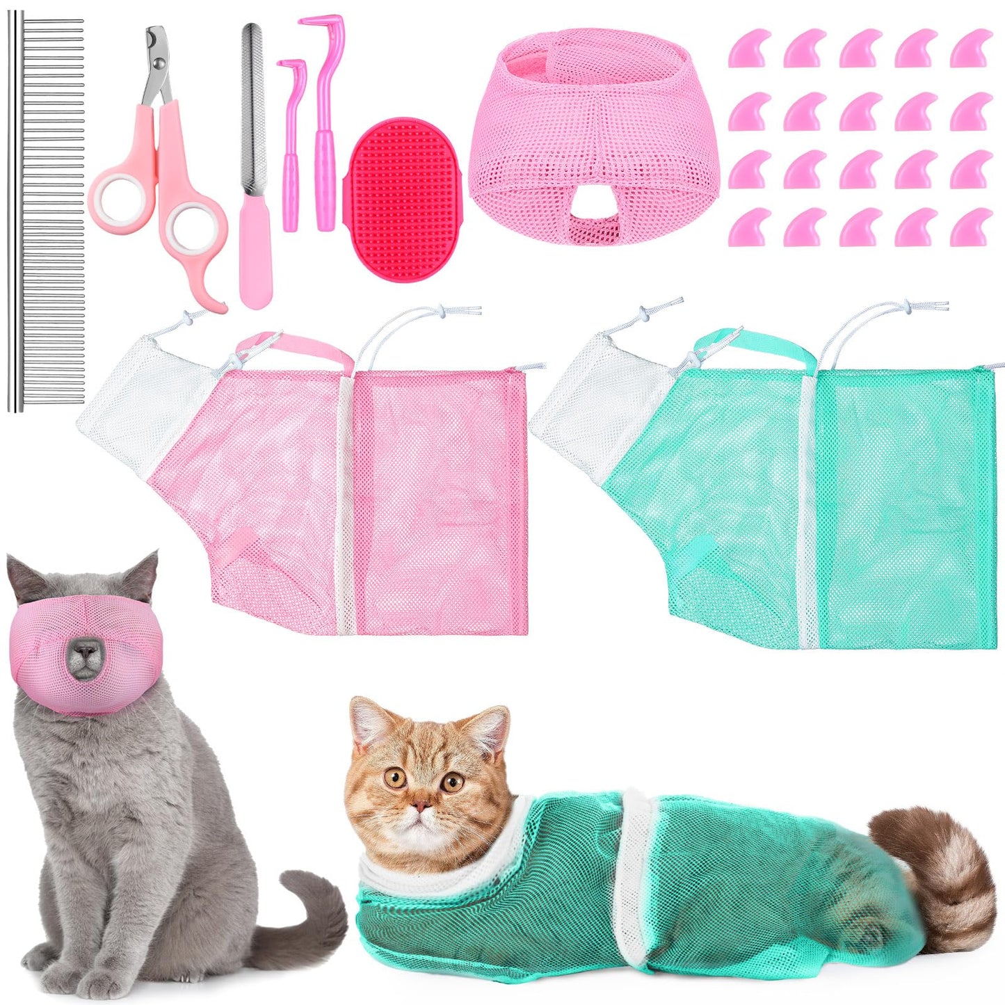 Kritkin 10 Pcs Cat Bathing Bag Set Pet Mesh Shower Bag Anti Bite and Scratch Pet Grooming for Washing Brush, Cat Muzzle, Nail Clipper, Nail File, Tick Tool(Blue and Pink)