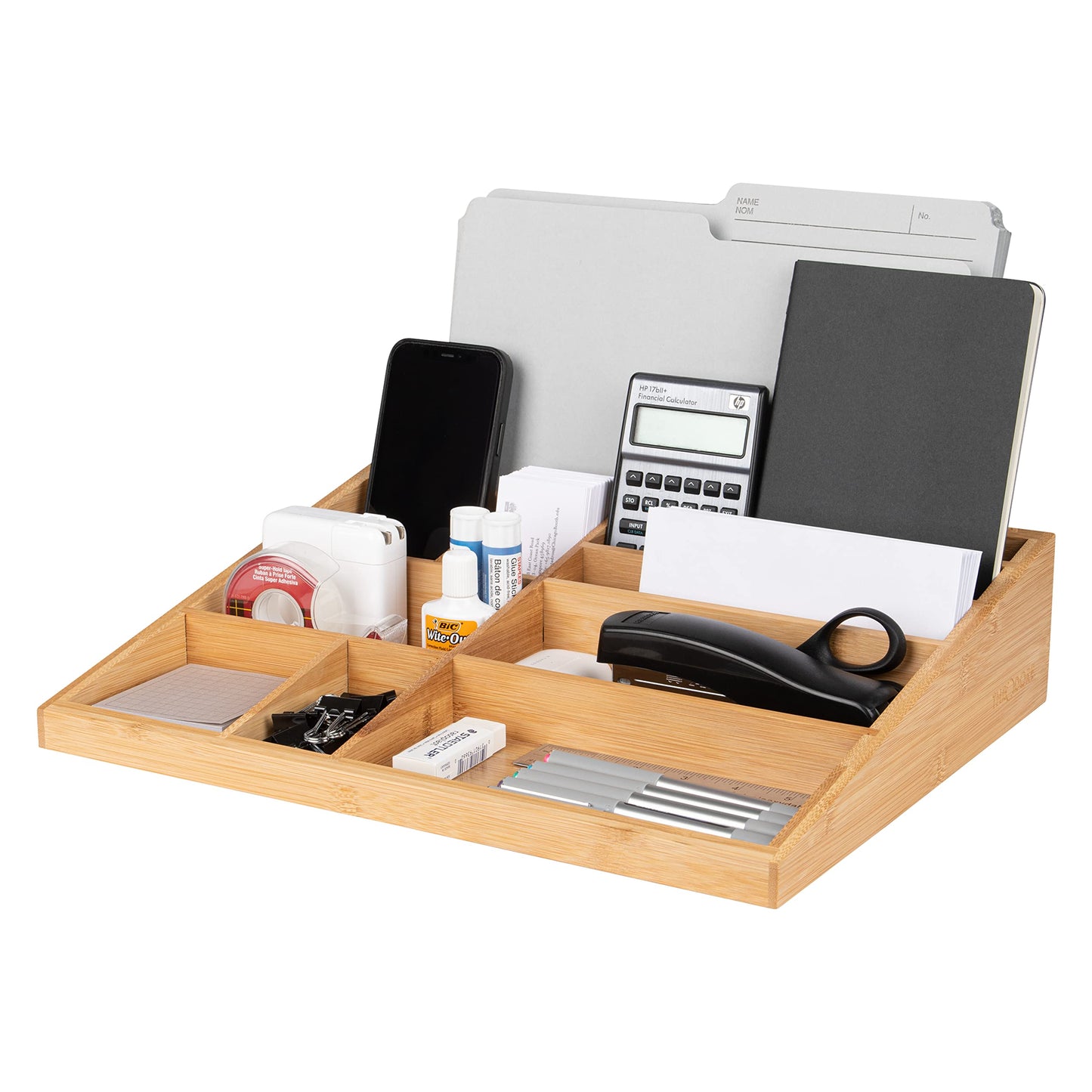 Theodore Bamboo Desktop Organizer – 10‑Compartment Natural Wood Storage Tray for Office, Home, Kitchen & Vanity – No Assembly, Water‑Resistant, Eco‑Friendly
