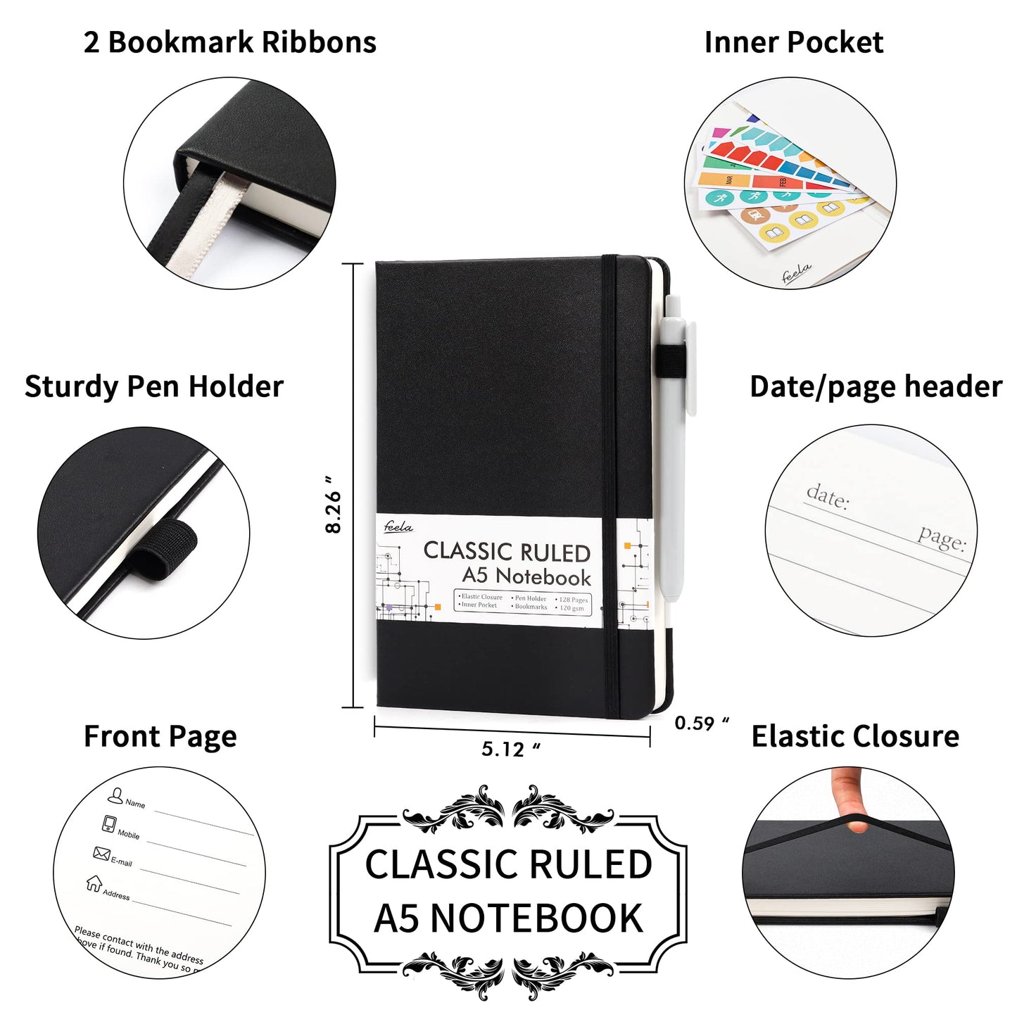 24 Pack Journal Notebook for Work, Feela Business Notebook Bulk Hardcover Lined Writing Journal with Pen Holder for Men Women Note Taking, with 24 Black Pens, 120 GSM, 5.1”x8.3”, A5, Black