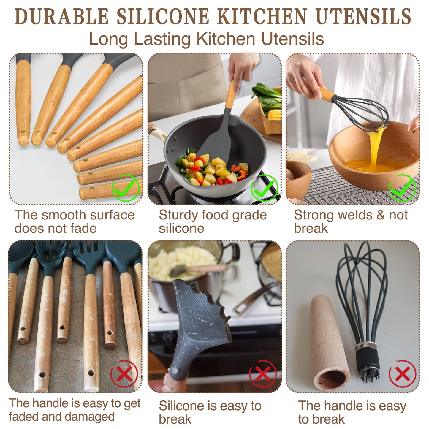 Umite Chef Kitchen Cooking Utensils Set, 33 pcs Non-stick Silicone Spatula Set with Holder, Woodle Handle Heat Resistant Gadgets Utensil (Gray)