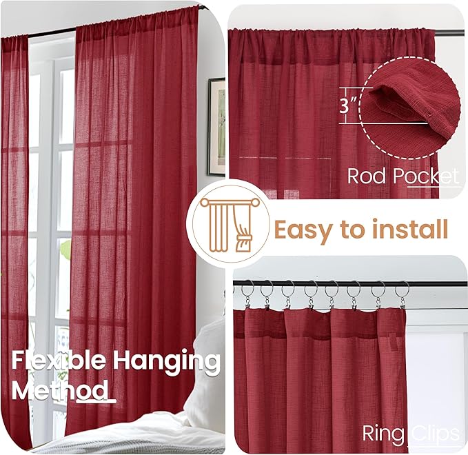 BGment Burgundy Linen Kitchen Curtains 40 Inch Length, Short Semi Sheer Drapes with Rod Pocket for Cafe Bathroom Over Sink Windows Lightweight, 2 Panels Set, Each 42 Inch Wide