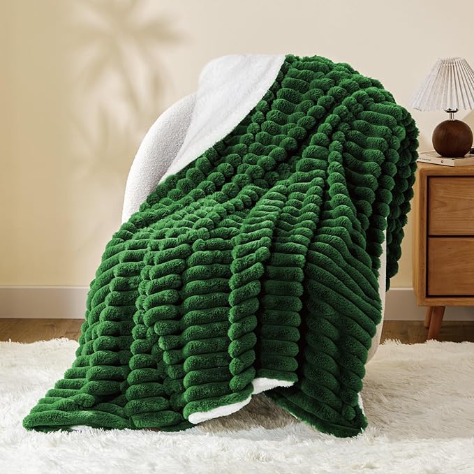 INFIIXSO Sherpa Throw Blanket for Couch - Super Soft & Warm Striped Fleece Blanket, Cozy Plush Fluffy Blanket All Season Use (Dark Green, 50x60 Inches)