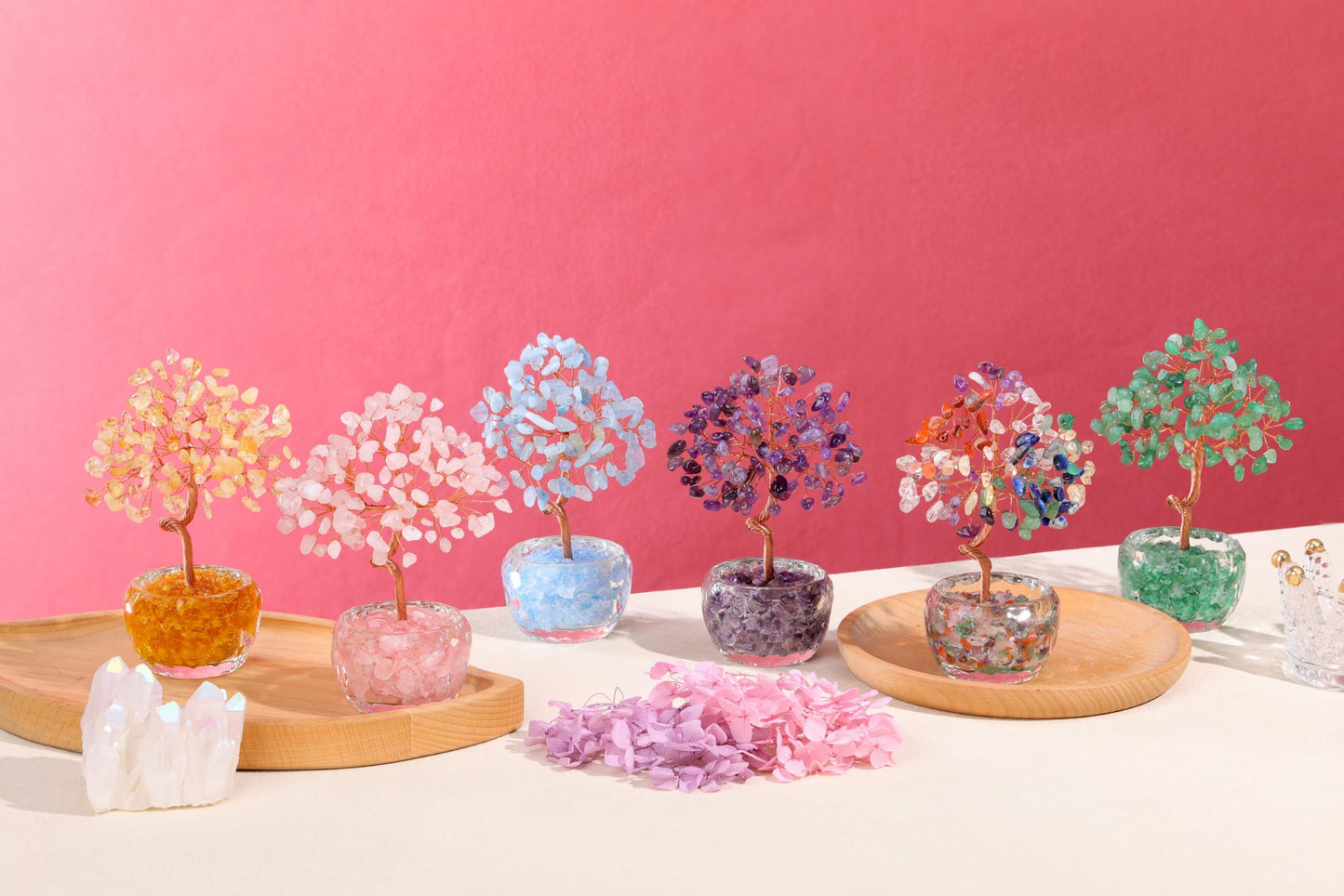 Top Plaza Healing Crystals Aquamarine Crystal Tree with Glass Base Handmade Natural Gemstone Life Tree Mini Bonsai Money Trees Good Luck Home Office Desk Decor