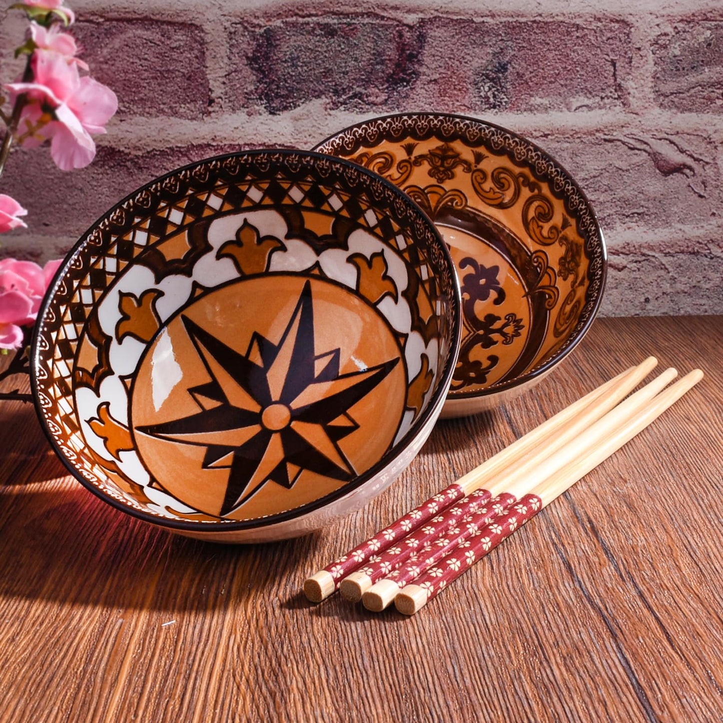 Ceramic Rice Bowl Set with Chopsticks Set of 2, Japanese Style Dining Bowls, Decorative Gift Box Package (2, LM)