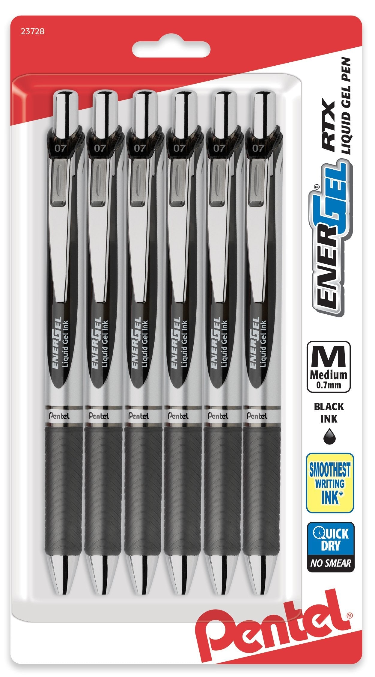 Pentel EnerGel RTX Retractable Liquid Gel Pen, (0.7mm), Medium Line, Metal Tip, Black Ink, Pack of 6 (BL77BP6A)