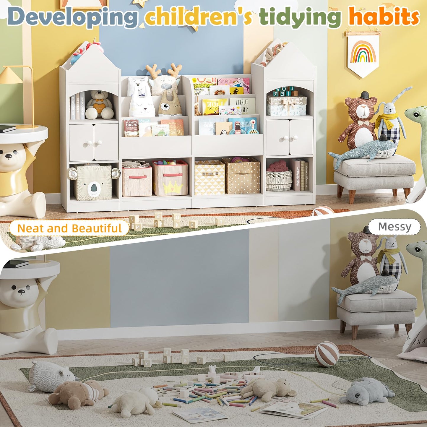 Halitaa Castle Shape Children's Bookshelf, Kids Bookcase Display Case Kids Toy Storage Organizer Multifunctional Storage Cabinet Bookshelf Suitable for Playroom, Children's Room, Living Room, White