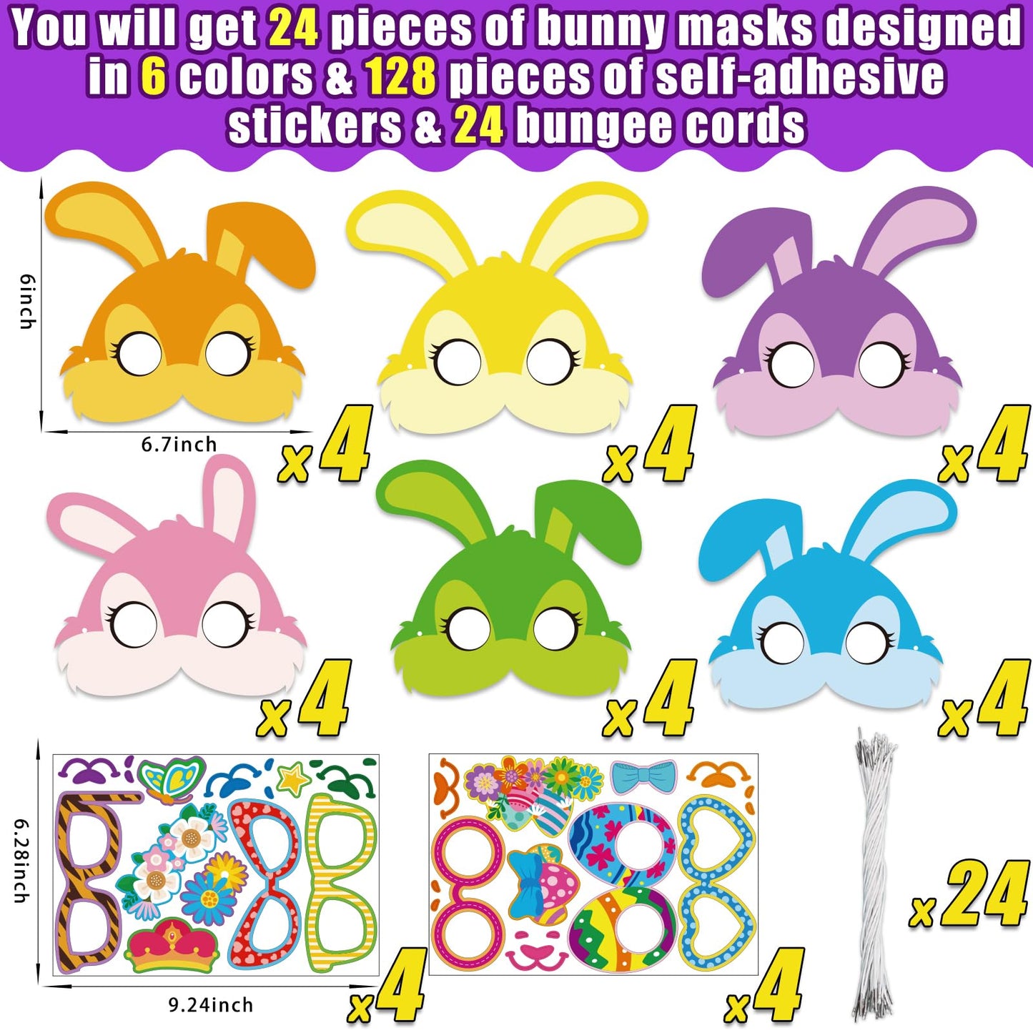 Kepeel 24 Packs Easter Bunny Mask Craft Kit, Make Your Own Easter DIY Art Bunny Mask Crafts Rabbit Spring Easter Classroom Game Activities Project Party Decorations Favors Gift