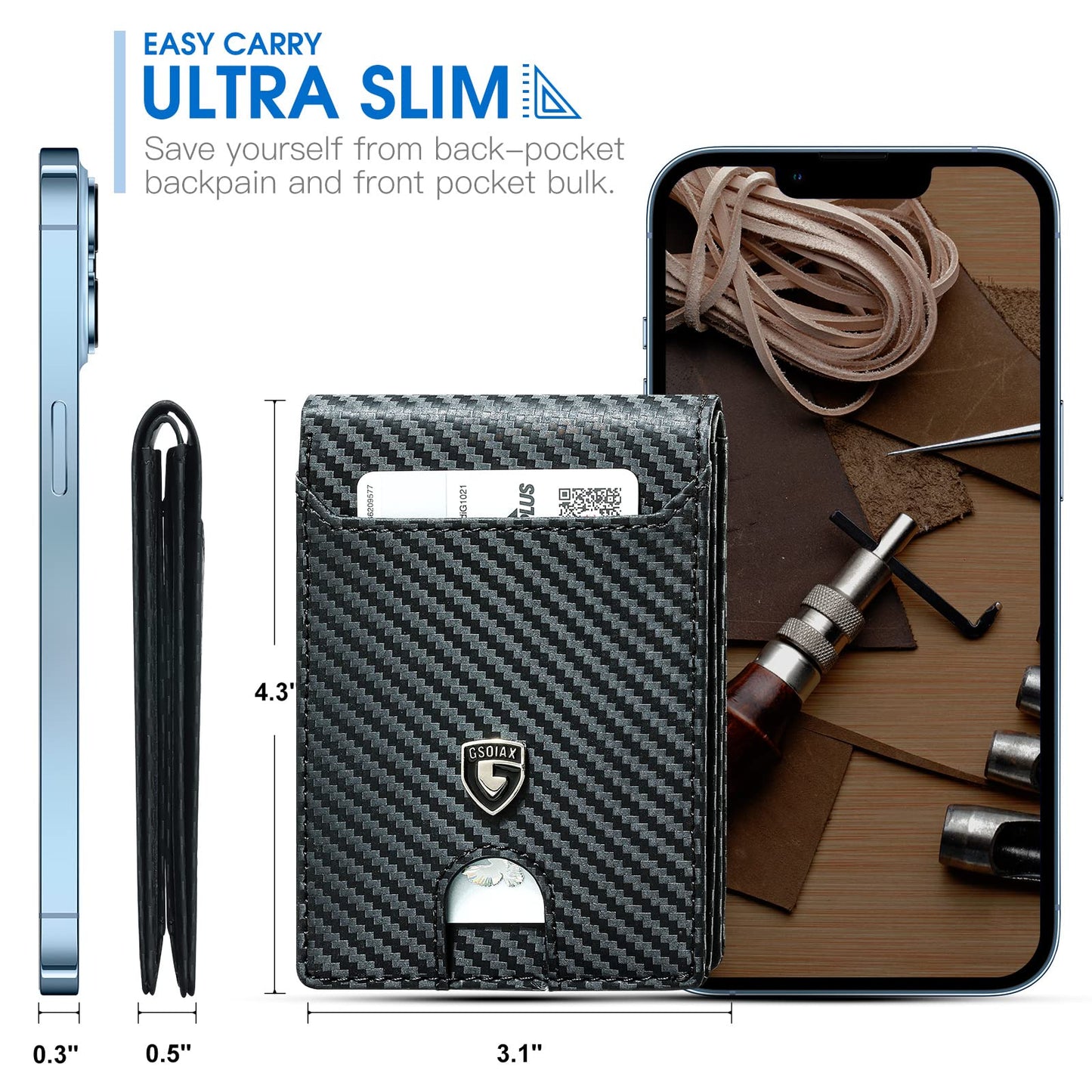GSOIAX Slim Wallet for Men RFID Blocking Bifold Wallet Carbon Fiber Front Pocket Wallet with 11 Card Holder Minimalist Mens Wallet with Gift Box(Carbon Black)