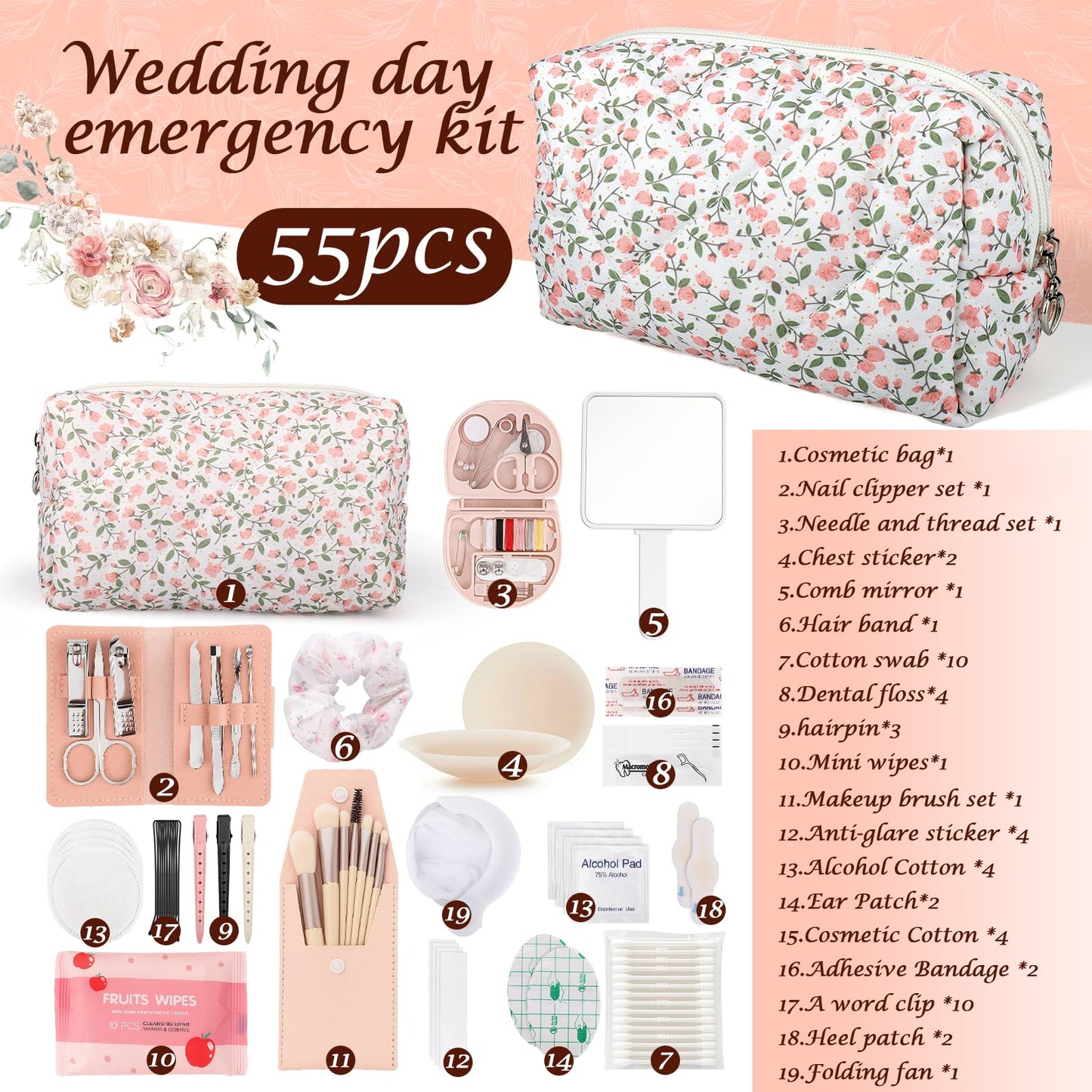 AIERSA 55pcs Bride Emergency Kit for Wedding Day Items, Wedding Must-Have Essentials for Bride, Women Mini Travel Survival Kit for Gifts