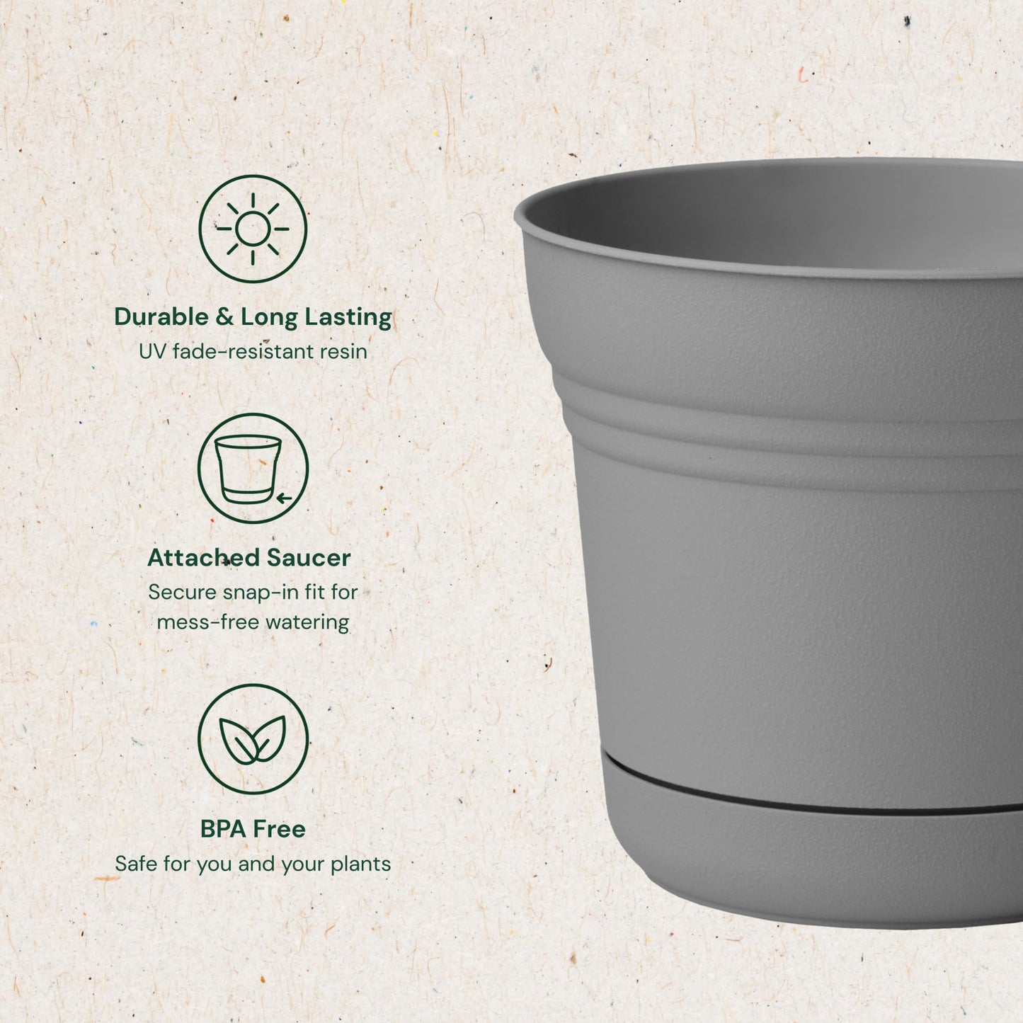 Bloem Saturn 5" Round Plastic Planter - Indoor/Outdoor, Snap-in Saucer & Drainage Holes, Charcoal, 4-Pack