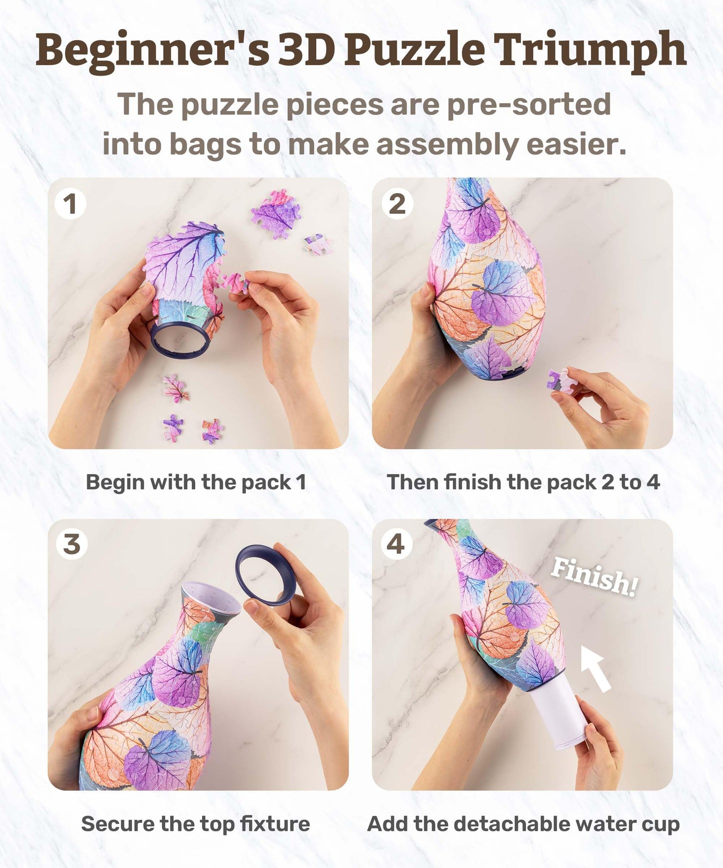 Pintoo 3D Puzzle Vase Unique Flower Vase Made by 160 Curved Plastic Puzzle Pieces House Warming Gift for Flower Arrangements and Home Decoration - [S1035] (Translucent, Flowers and Birds)