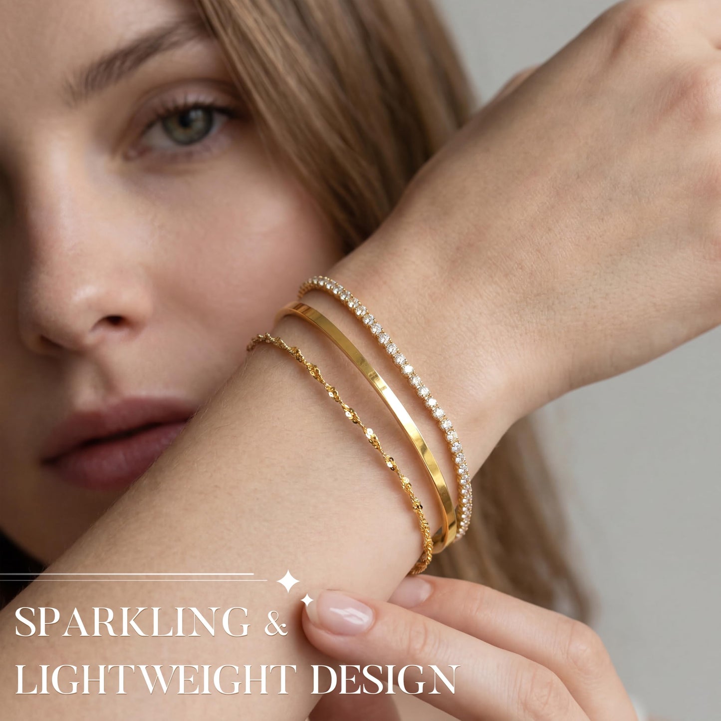Gold Plated Tennis Bracelets Stack for Women, Bangle Link Chain Bracelets Set, Trendy Fashion Jewelry Gifts Adjustable