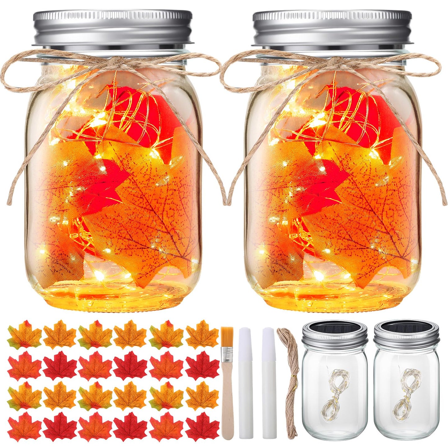 LemonRoad 2 Sets Thanksgiving DIY Craft Kit DIY Glass Mason Jar Solar Lanterns Fall Maple Leaf Table Centerpieces Decoration with Rope Brush Glue for Autumn Party Decor Classroom Activities Crafts