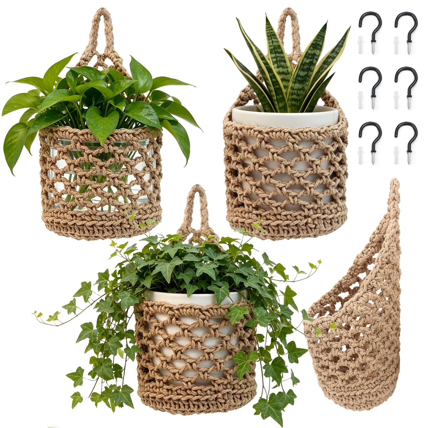 4-Pack 5-Inch Macrame Wall Plant Hangers, Natural Cotton Hanging Planter Baskets for Indoor Plants, Boho-Style Woven Plant Baskets for Walls, Small Hanging Pots for Succulents and Kitchen Storage