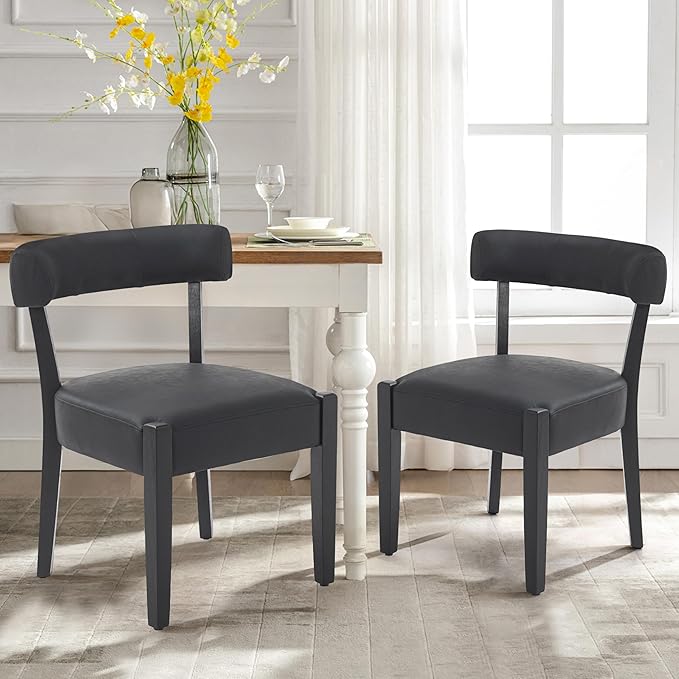 Modern Black Dining Chairs Set of 2, Faux Leather Upholstered Kitchen & Dining Room Chairs, Mid Century Modern Wooden Dining Chairs Oversized Sturdy Rounded Chairs Curved Back