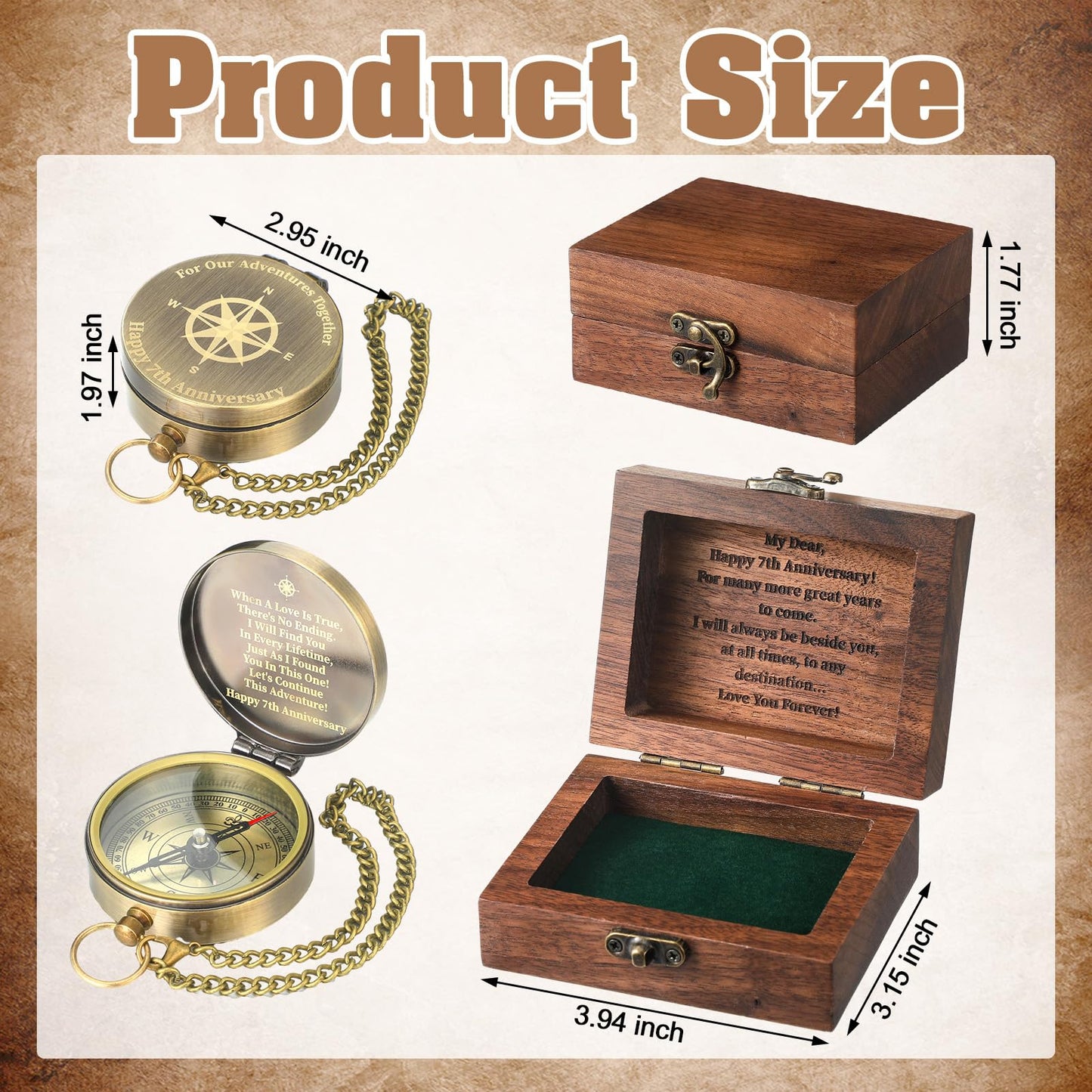 Relaxweex Anniversary Copper Gift for Him Her Engraving Quote Compass with Black Walnut Box Wedding Engagement Copper Keepsake Gifts for Men Women Husband Wife Couples(7th Anniversary)