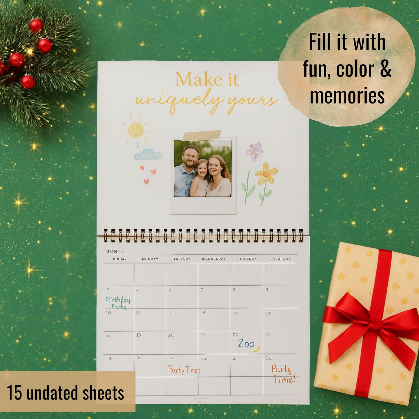 Paper 'n Such- Blank Calendar, Undated Monthly Planner, Simple Desk Agenda -DIY Custom Scrapbook for Photos -15 Sheets, Spiral Bound, Large 8.5x11", Customizable for Home, Office, or School