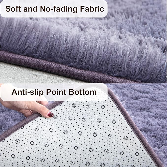 TWINNIS Super Soft Shaggy Rugs Fluffy Carpets 4x5.9 Feet, Indoor Modern Plush Area Rugs for Living Room Bedroom Kids Room Nursery Home Decor, Upgrade Anti-Skid Fuzzy Rug, Grey Purple