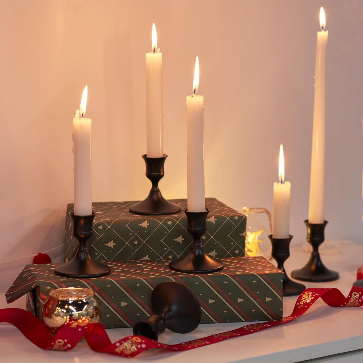 Black Taper Candle Holder, Candlestick Holders, Vintage Metal for Table Centerpieces Wedding Decor (Matte Black, 6 Pcs)