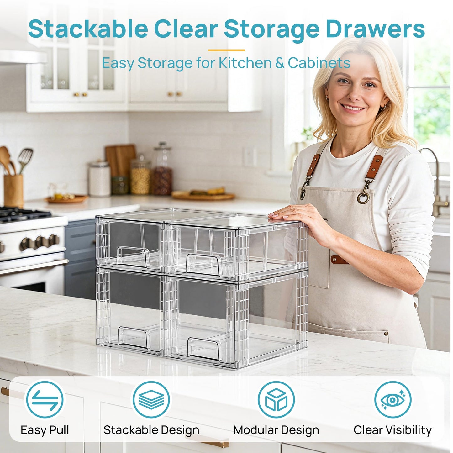 Vtopmart 4 Pack Clear Stackable Storage Drawers,Under Sink and Kitchen Organizers Storage,Easy to Assemble Plastic Drawers for Baby Bottle,Medicine, Bathroom,Cabinet and Pantry Organization