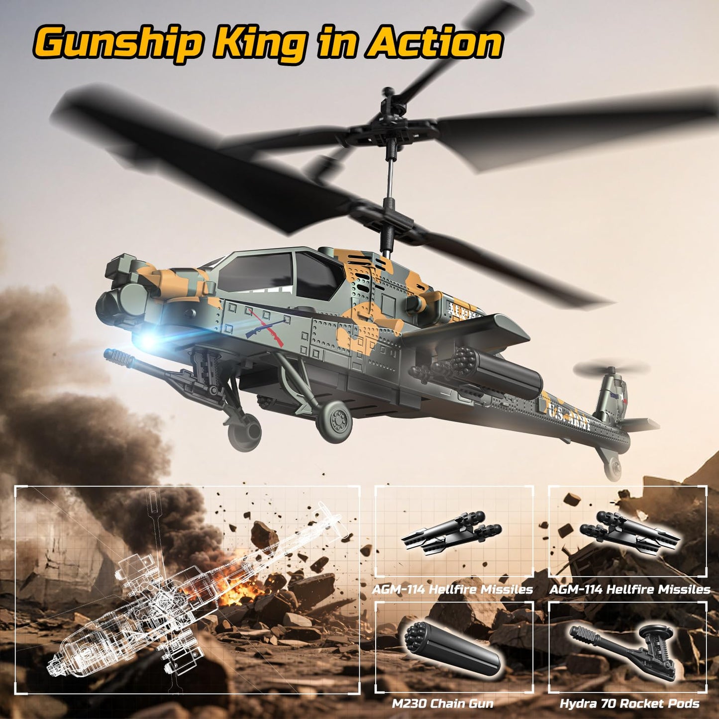 DEERC Apache RC Helicopter for Kids 8-12, Remote Control Helicopter for Adults, Helicopters Toy with 26 Mins Flight Time (2 Batteries), LED Lights, Altitude Hold, Chrismas GIF for Boys