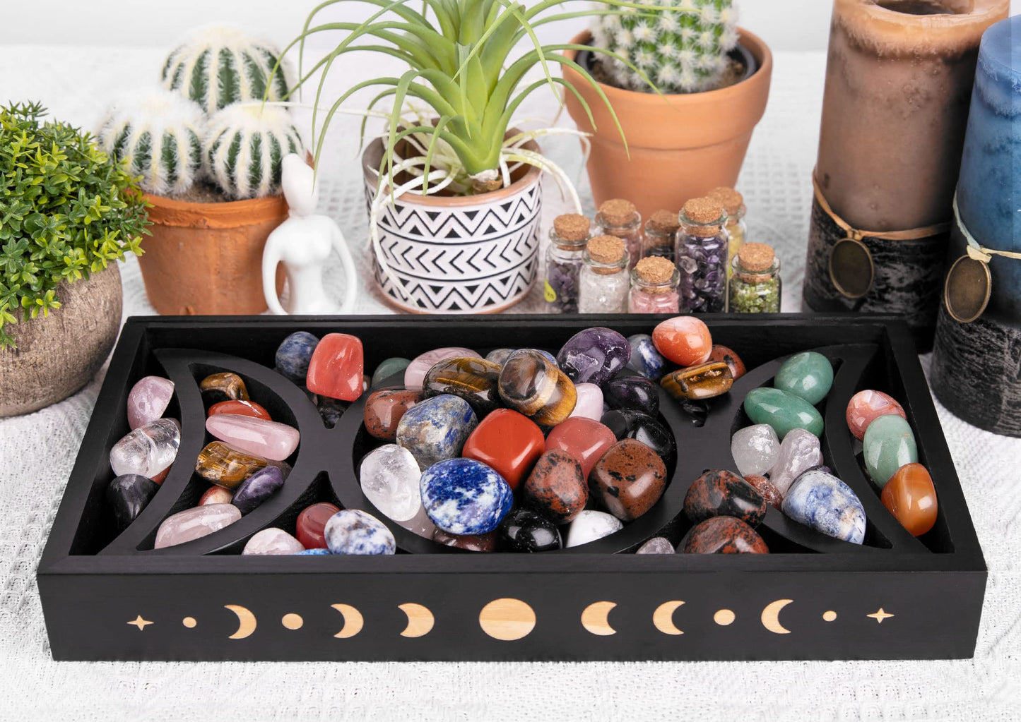 Mooncraftlogy Crystal Tray for Stones, Triple Moon Gemstone Holder Box, 3 Tarot Card Stand for Affirmation Cards, Wicca Display, Detachable Rocks, Essential Oil Organizer, Witch Altar Gift (Black)