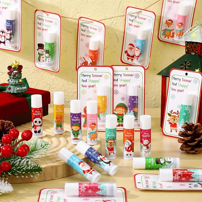 30 Pack Christmas Lip Balms Bulk Christmas Party Gifts Favors Stocking Stuffers Holiday Lip Balms Employee Staff Team Appreciation Gifts Thank You for Teacher Coworkers (Cute)