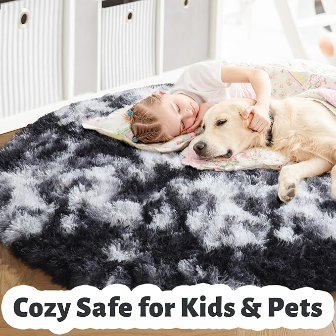 Amdrebio Black White Grey Round Rug 4Ft Circle Area Rugs for Bedroom Living Room, Fluffy Fuzzy Shaggy Furry Rugs for Kids Room Dorm Home Office, Shag Plush Floor Modern Cool Carpet for Men Teen Boys