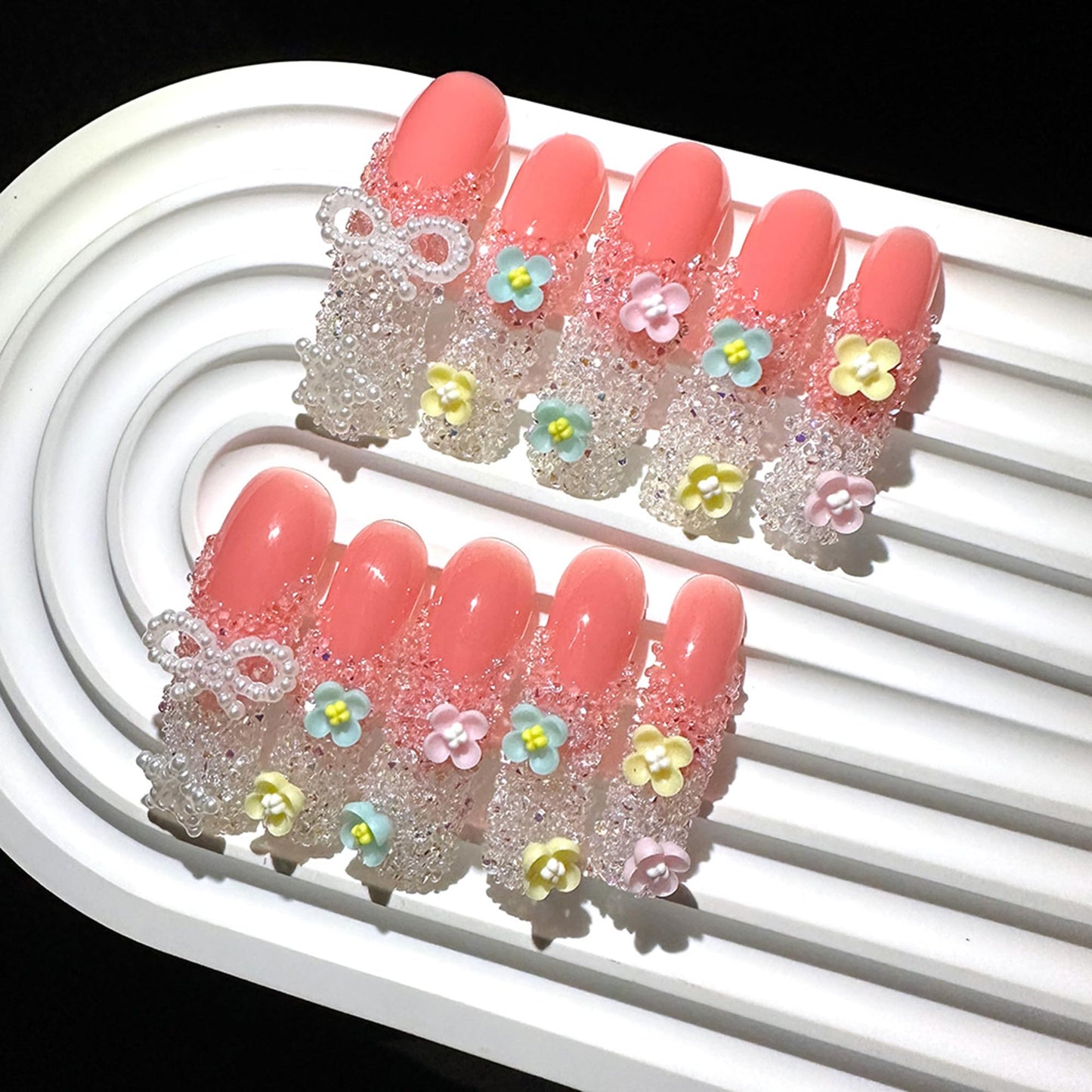 Handmade Curved Nails Tips,Long Press on Nails - French Tip Fake Nails with 3D Sugar Crystal Bow Designs Square Nails Press ons Reusable Artificial Nail for Women Manicure 10Pcs(Size M)