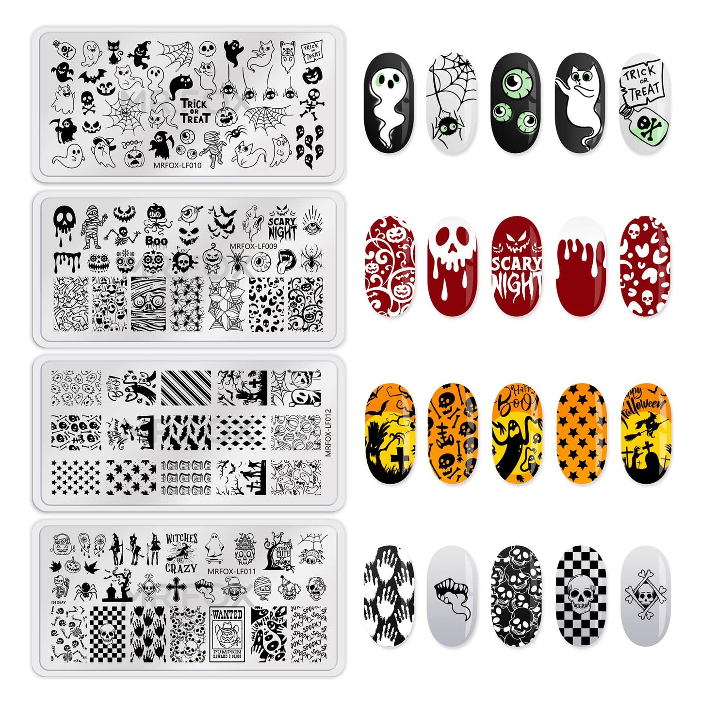 8PCS Halloween Nail Stamping Plates, Pumpkin Skull Bat Poker Image Stainless Steel Stencil, DIY Nail Art Template Tools