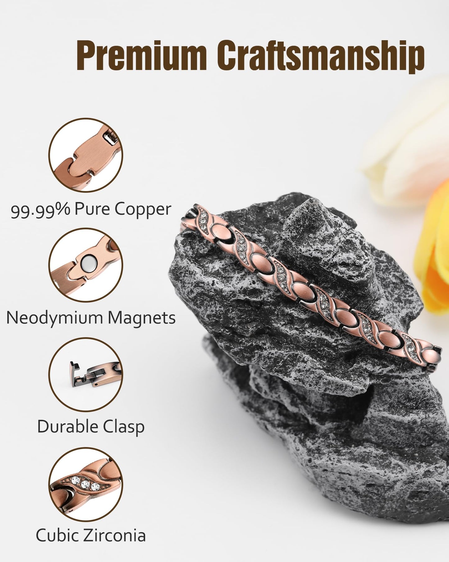 Jecanori Copper Magnetic Bracelets for Women, 99.99% Pure Copper Bracelets with Effective Neodymium Magnets, Adjustable Jewelry Gift with Sizing Tool
