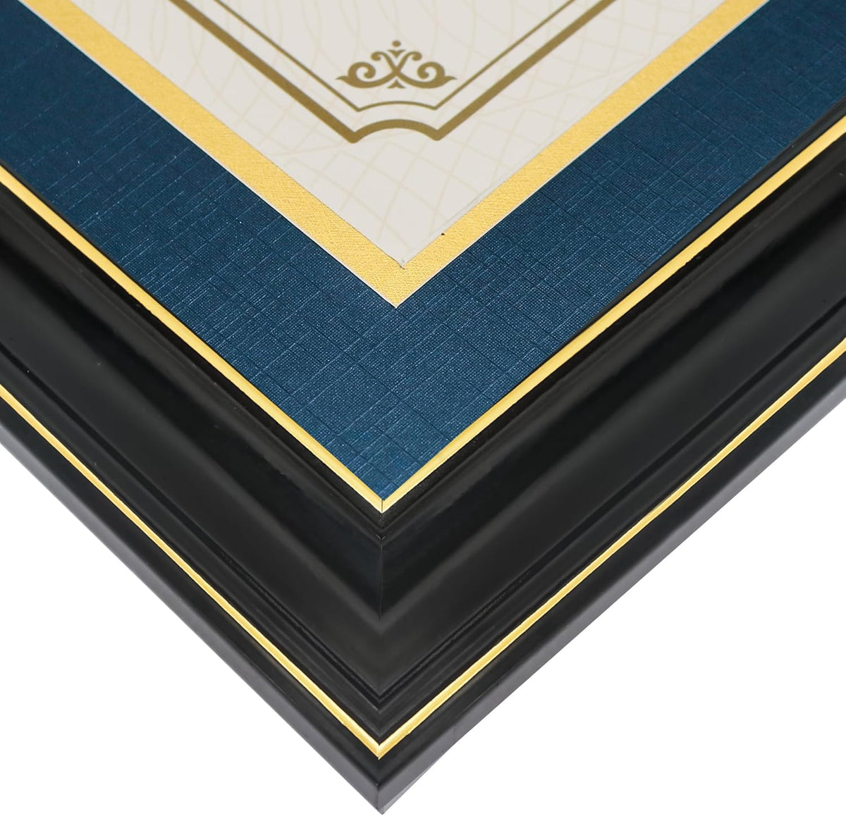 GraduationMall 11x19 Black Diploma and Photo Frame for 8.5x11 Certificate,5x7 Picture,Tempered Glass,Navy Blue over Gold Double Mat