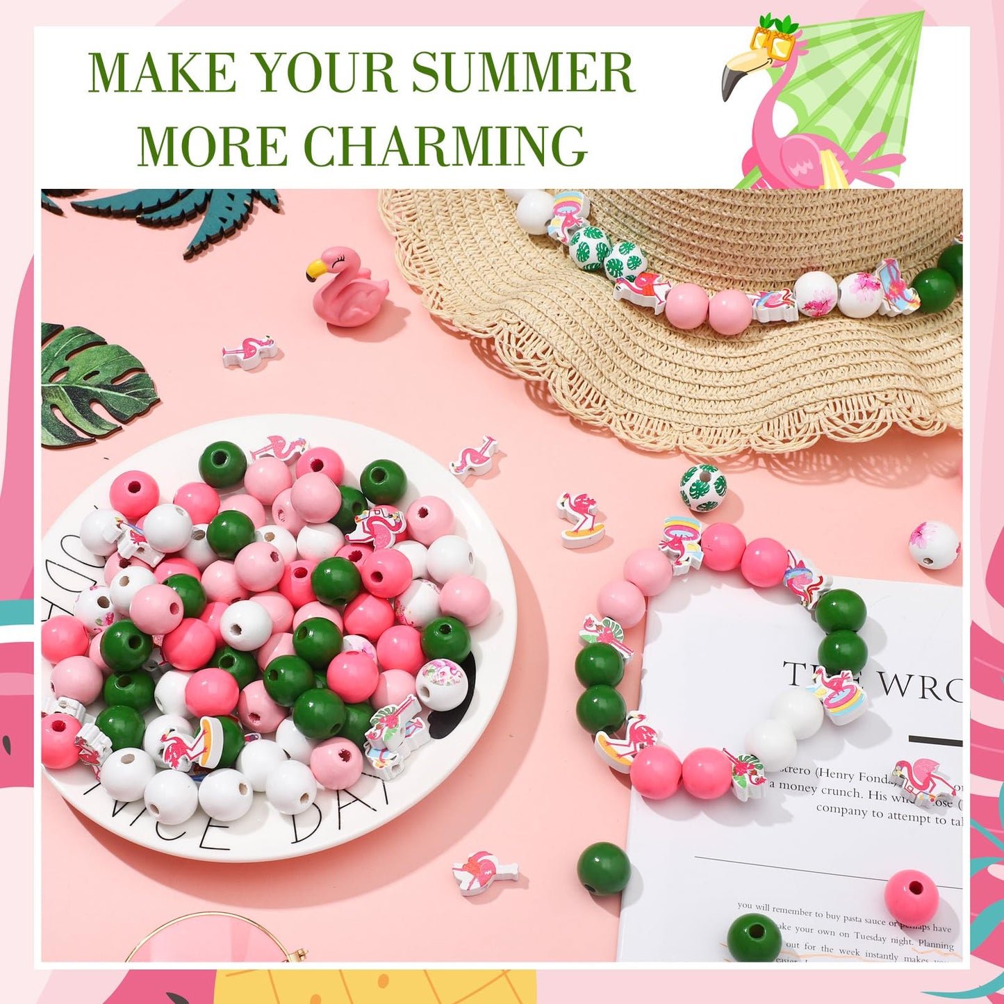 Tradder 200 Pcs Flamingo Summer Beads Round Wood Beads with Palm Leaves Polished Hawaii Tropical for Jewelry Making, DIY Crafts, Home Decor, Spring & Summer