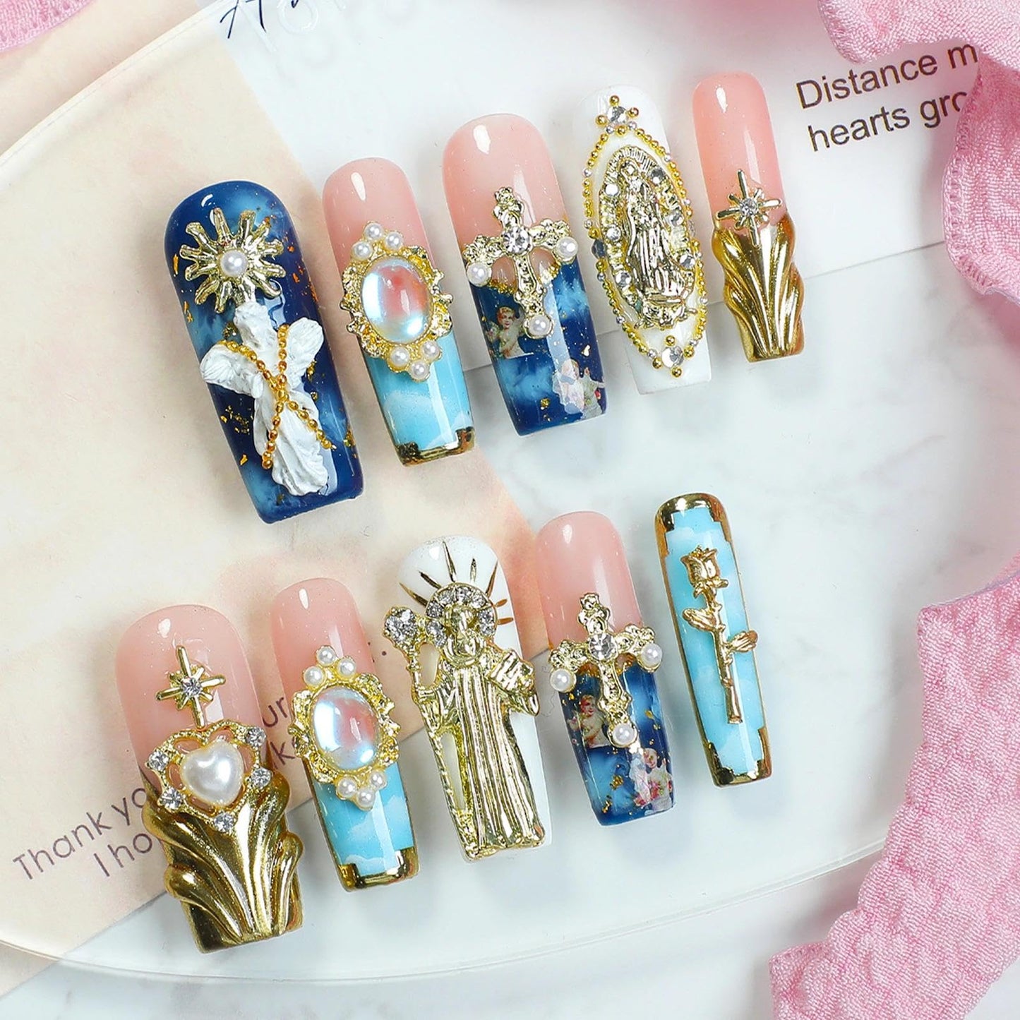 Handmade 3D Blue-Pink-Gold Royal Embossed Pearl Square Press On Nails, Luxury Retro Noble Style Artisan Nails Set, Reusable Glossy Press-ons with Tool Kit(S)
