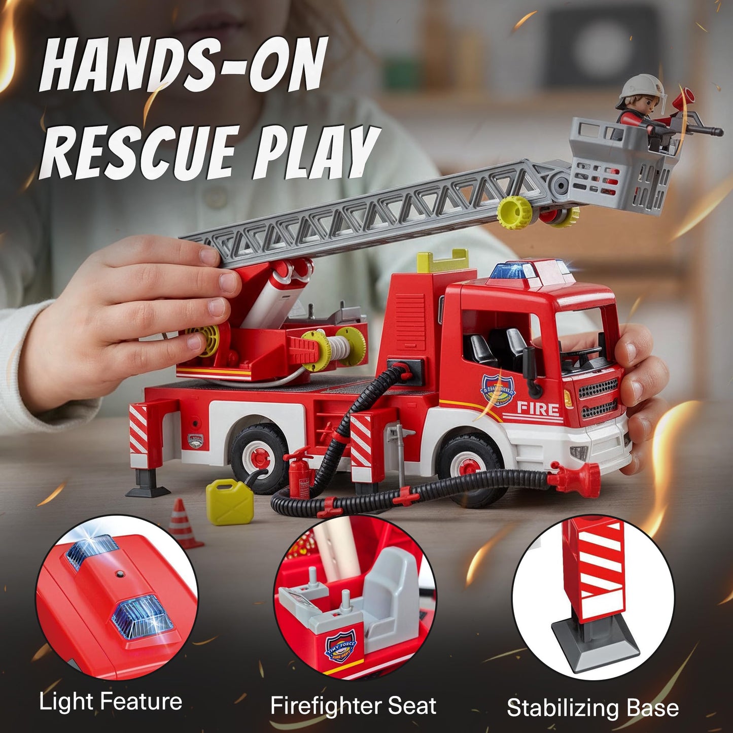 Tiny Force Toy Ladder Fire Truck Toy – Firefighter Fire Truck with Extendable Fire Ladder, Toy Truck for Kids, Perfect Firefighter Gift for Pretend Play Fun