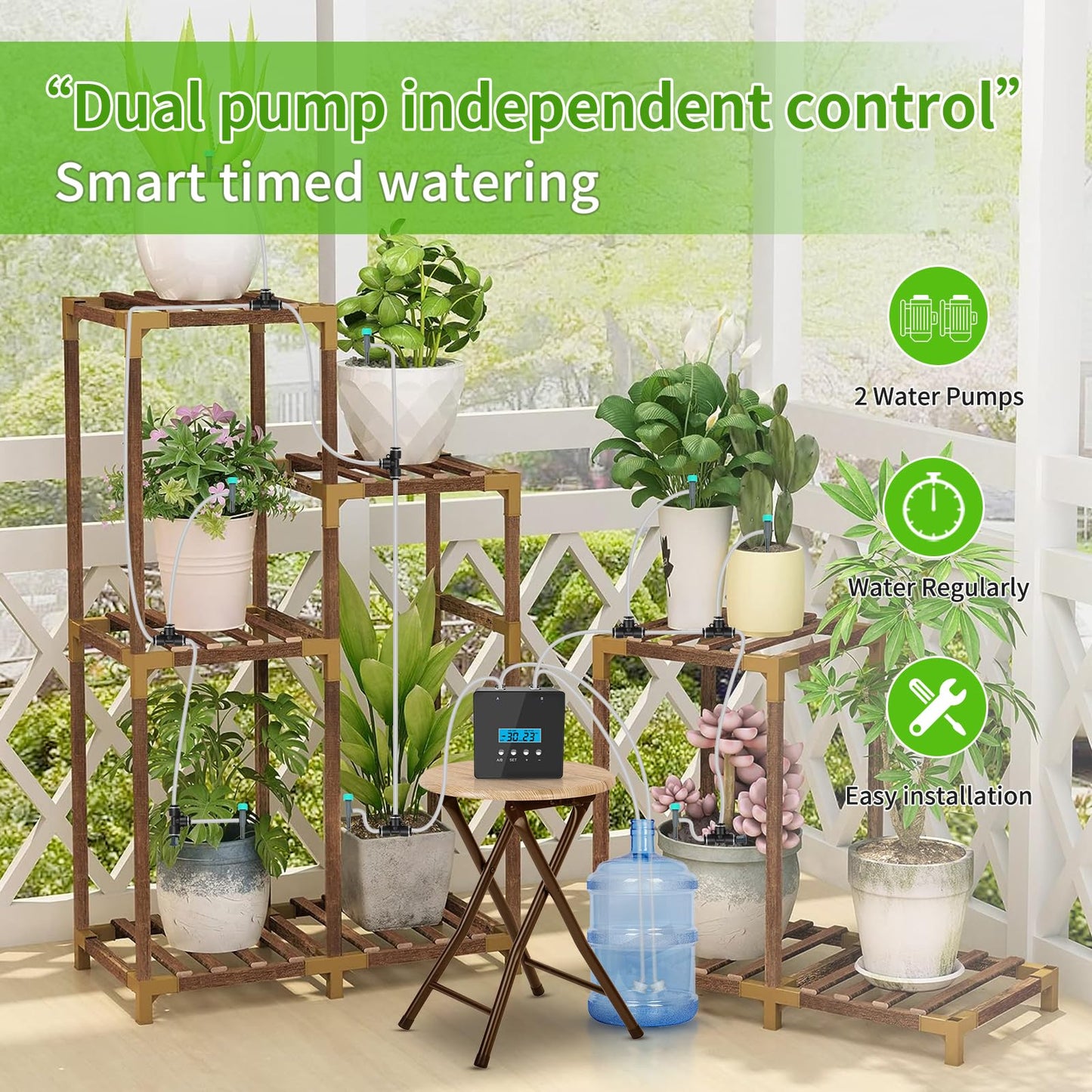 Automatic Indoor Plant Waterer, Dual Pump Drip Irrigation System with Timer, 20 Adjustable Drippers, Self Watering for Potted Plants, Easy Setup
