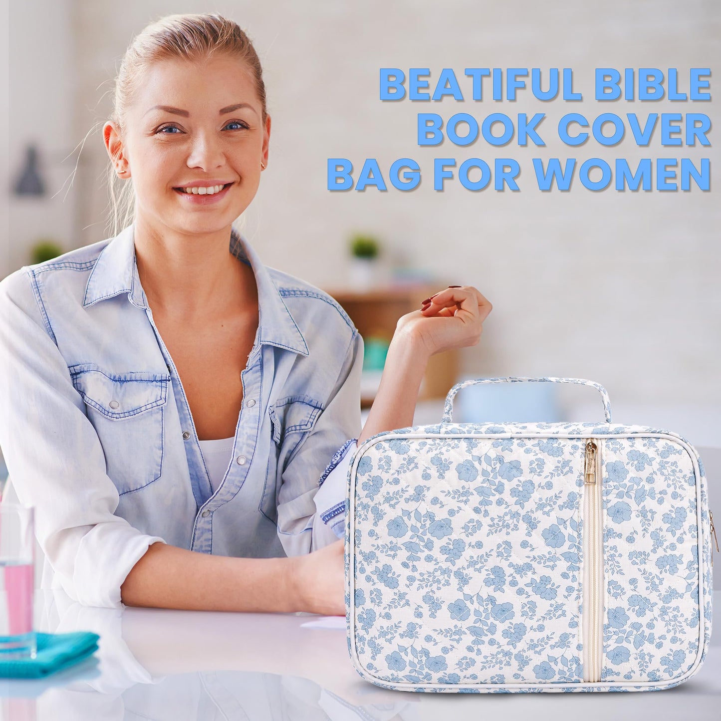 Large Bible Cover for Women, Durable Quilted Tote Bag with Handles, Bible Carry Case for Girls, Bible Study Supplies Accessories