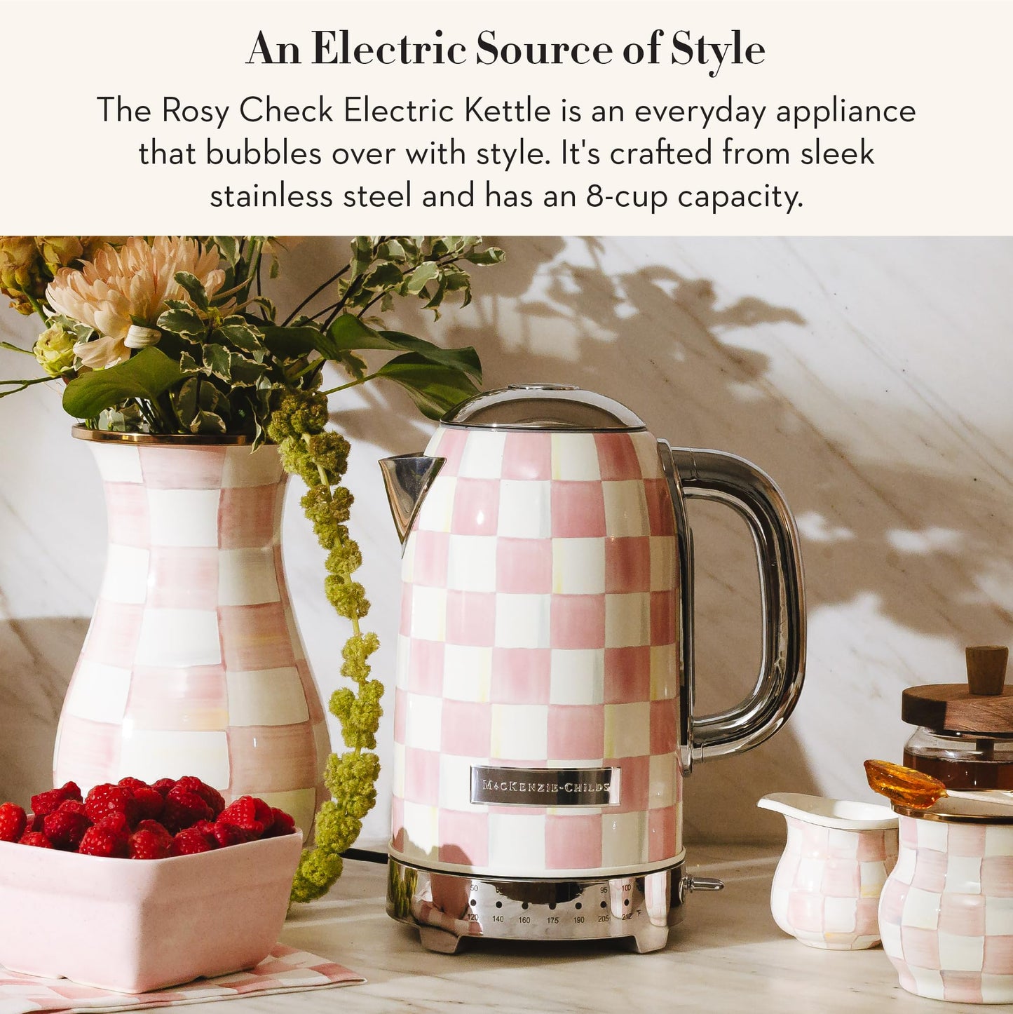 MACKENZIE-CHILDS Electric Kettle, Stainless-Steel Tea Kettle, Pink-and-White Rosy Check