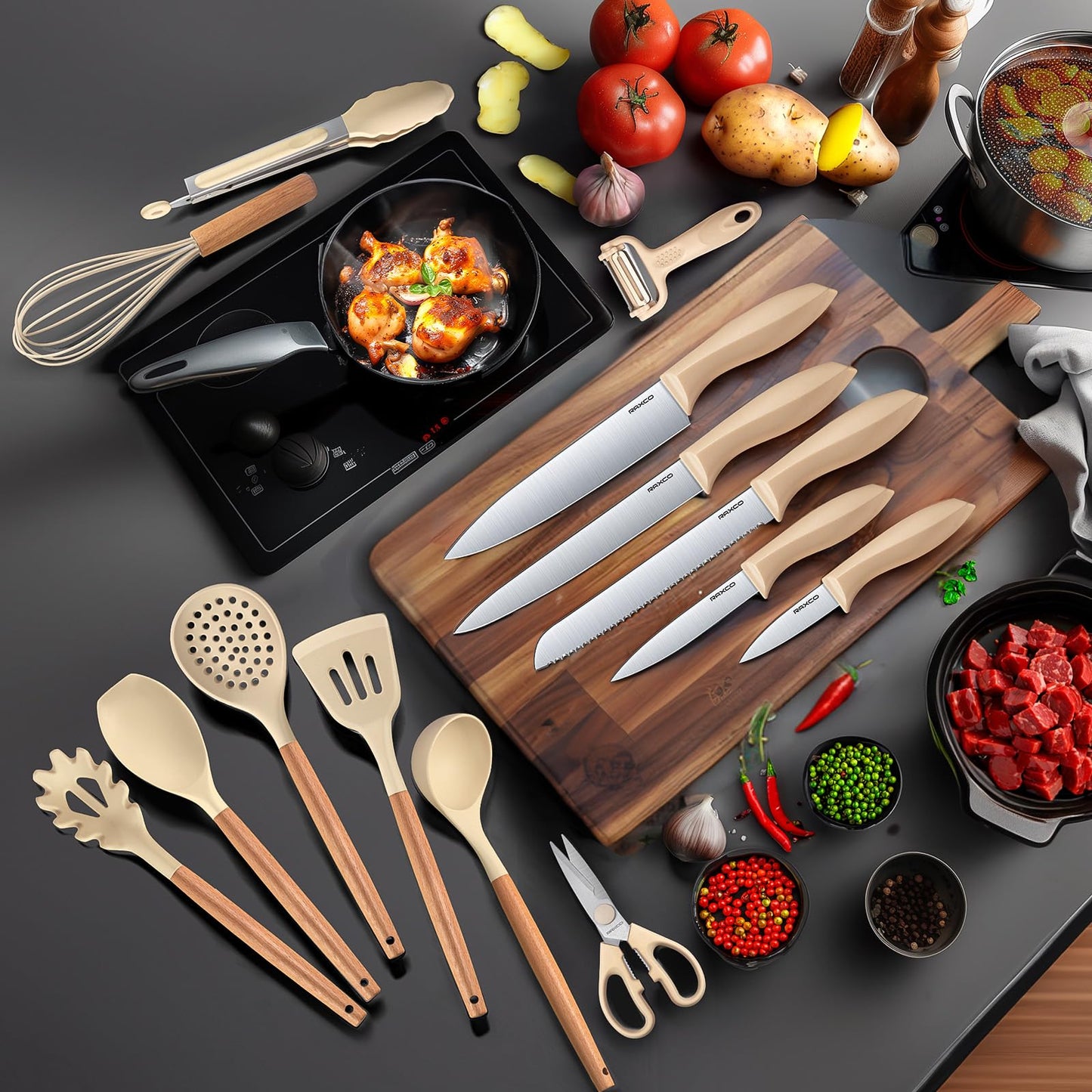 RAXCO Cooking Utensils Set,12-Piece Kitchen Utensils and Accessories,6-Piece Knife set,utensilios de cocina,Khiki