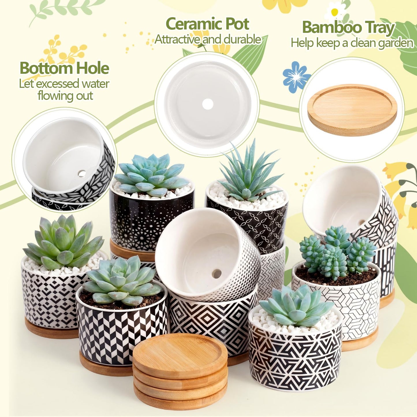 Threehoney 12 Pack 3.14 Inch Ceramic Succulent Pots Geometric Pattern Small Succulent Plant Pots with Drainage Hole and Bamboo Trays Mini Flower Cylinder Pot for Small Plant Cactus Home Office Decor